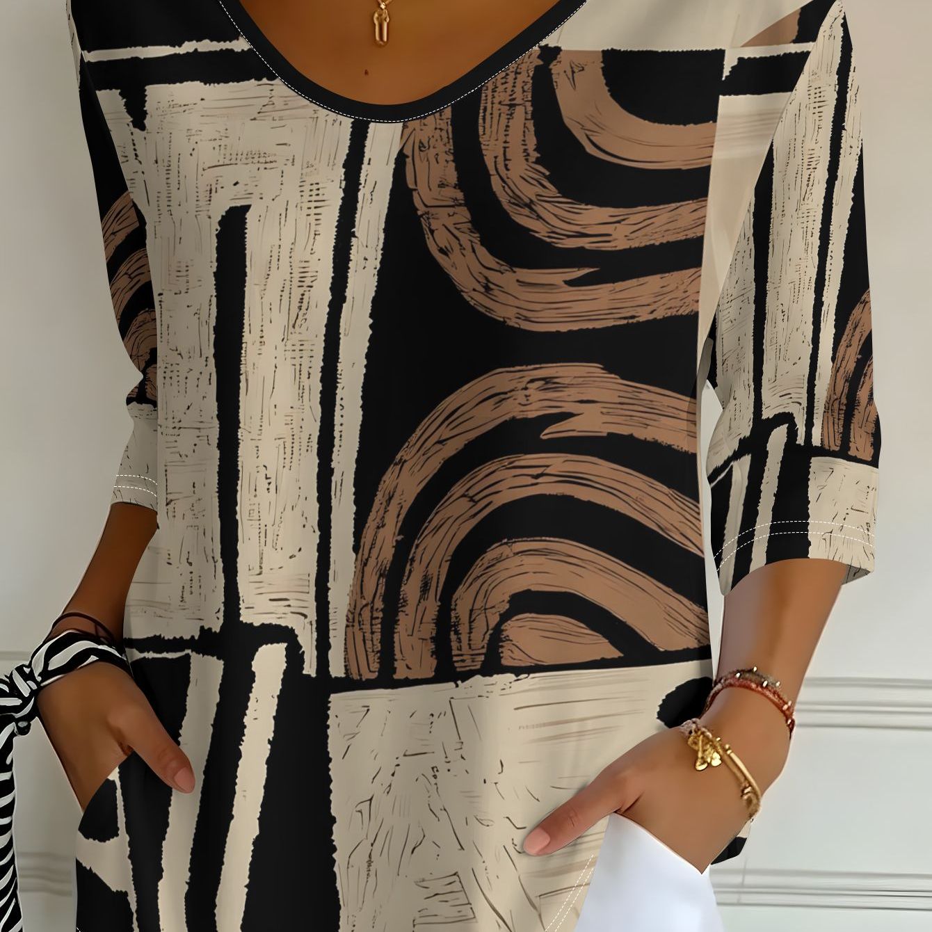 TEMU Plus Size - Women's Abstract Geometric Pattern Printed 3/4 Sleeve T-shirt, Spring Autumn Casual Top, Daily Wear Versatile Top [print Design - No