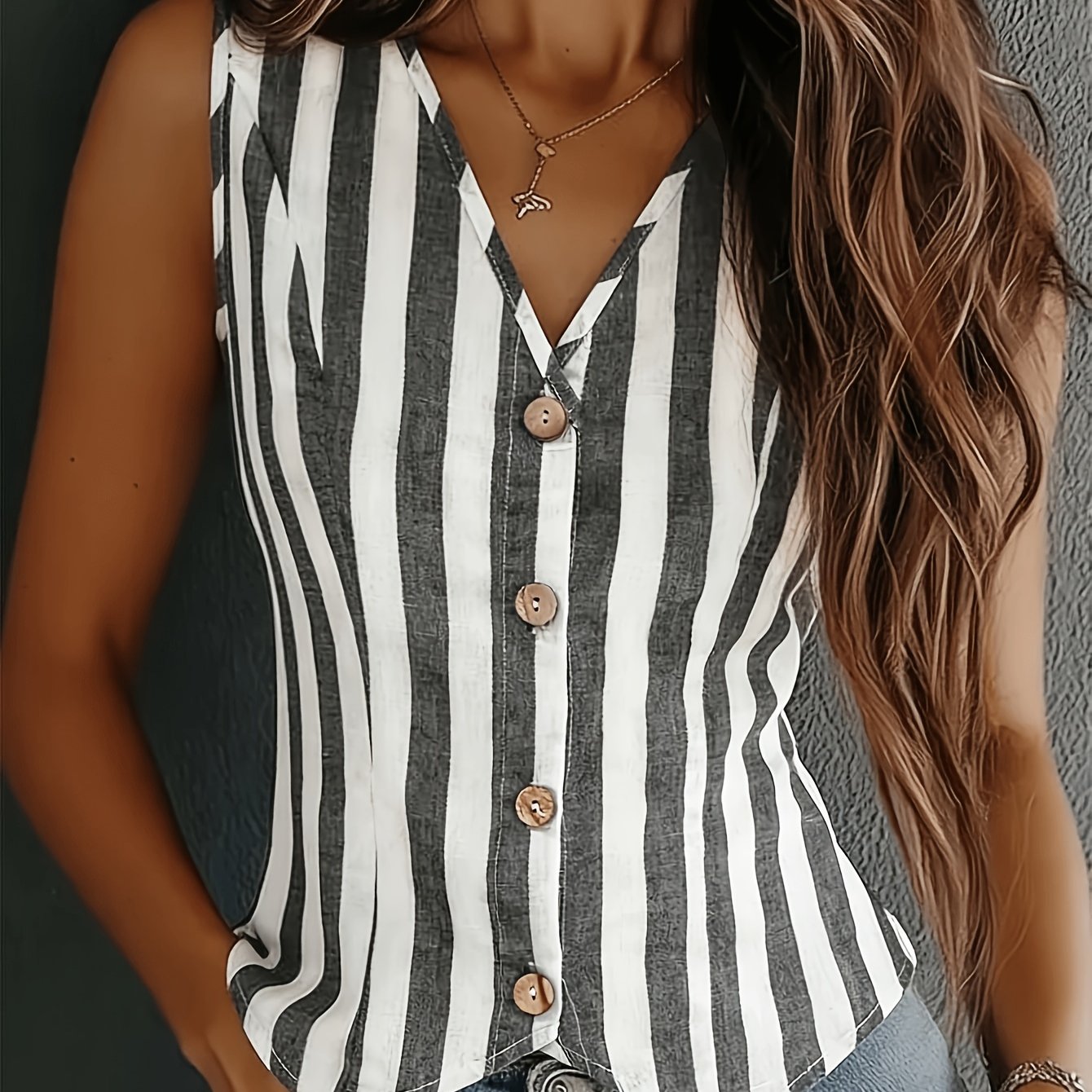 TEMU Fashionable Elegant Striped V-neck Single-button Vest Style Sleeveless Camisole Versatile Layering Top