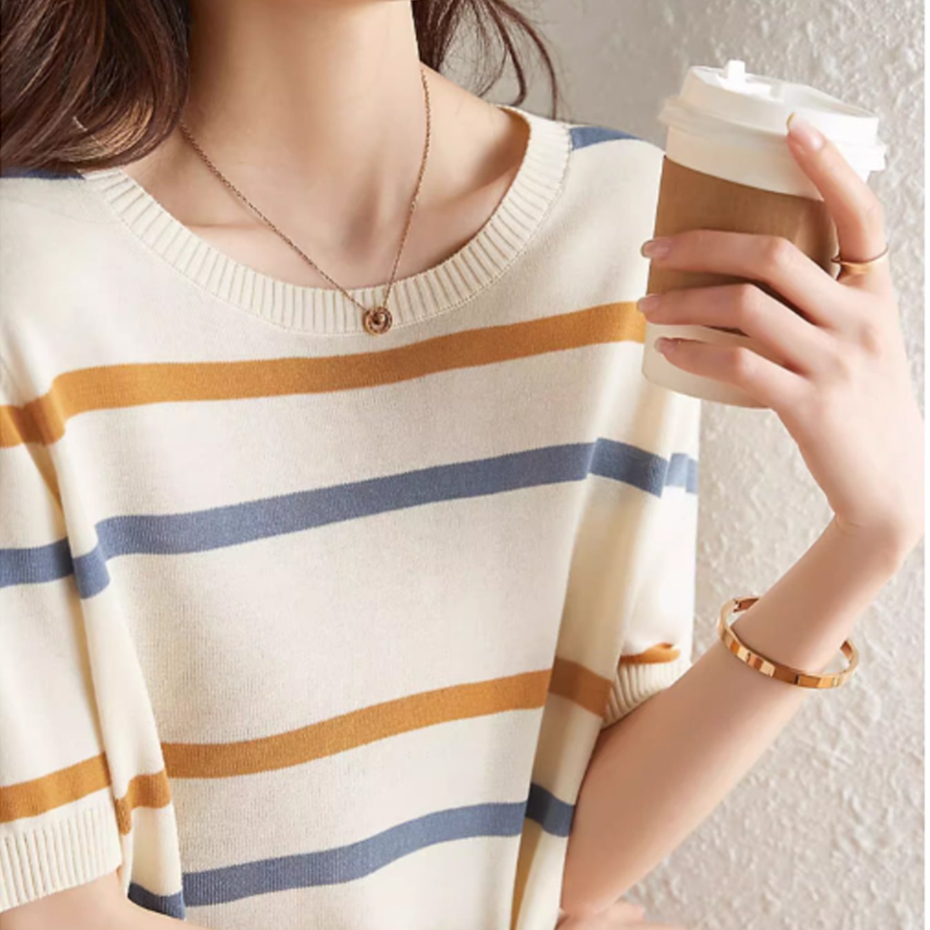 E-shop Sommerliche neue Damen Rundhals Kurzarm, Rundhals Gestreift Kurzarm Top, Damen Pullover Kurzarm Top