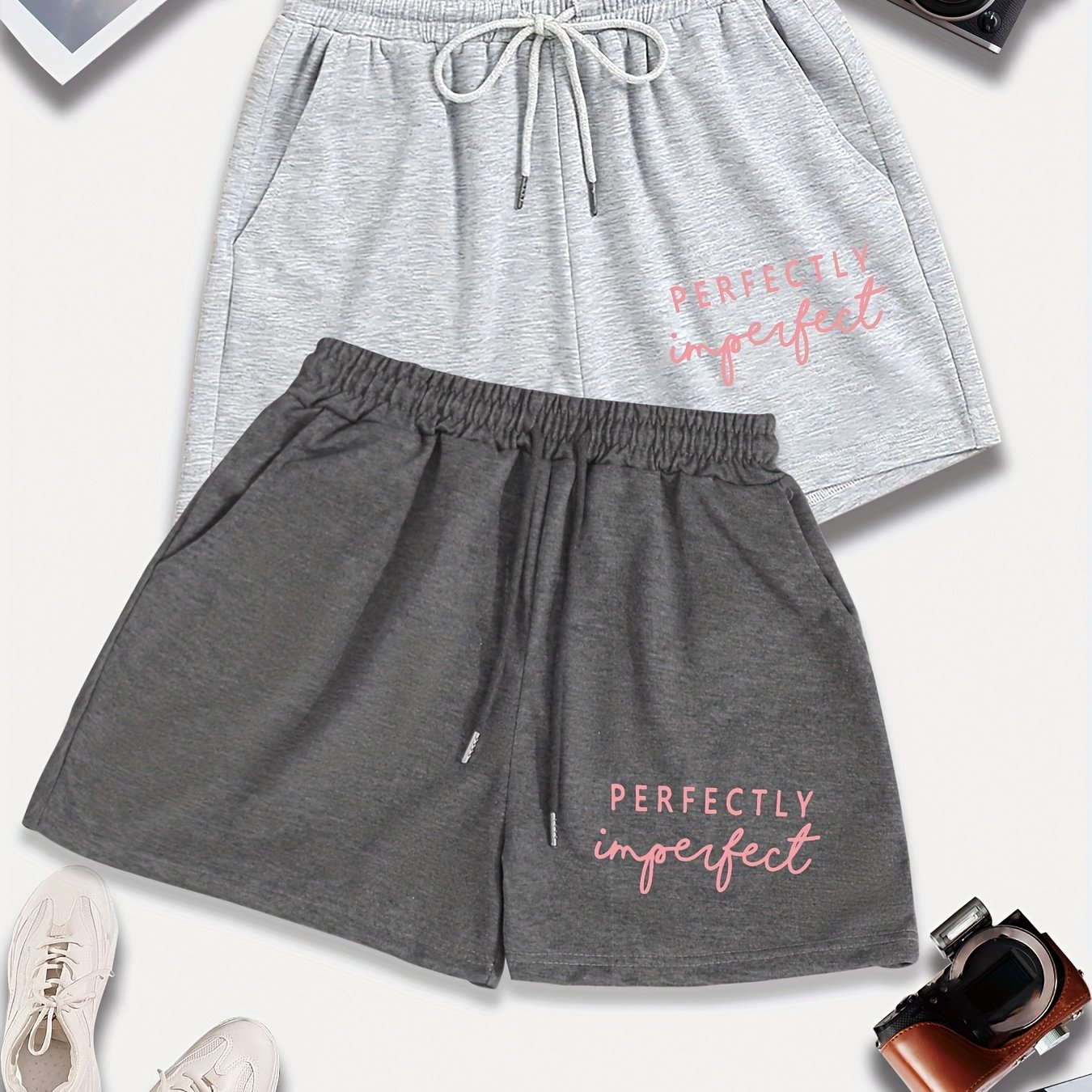 TEMU 2 Packs Plus Size Letter Print Drawstring Shorts, Casual Shorts, Women's Plus Size Clothing