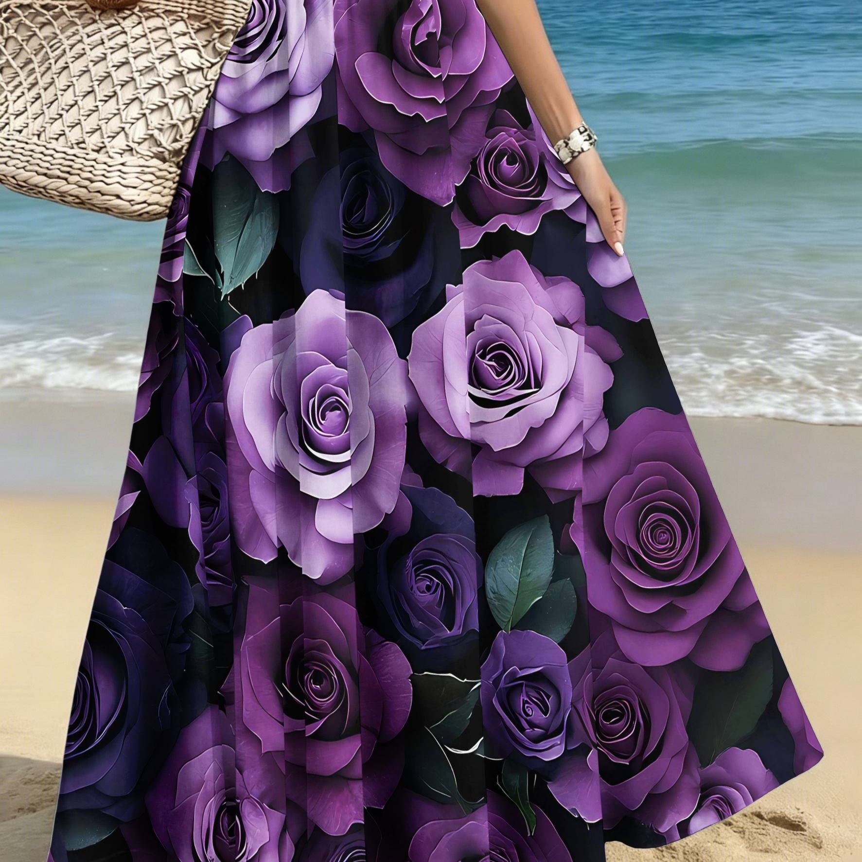 TEMU Plus-size Women's Elegant And Stylish Half-skirt, Casual Printed Midi Skirt, Purple Rose Bouquet Print, Commuting/casual/dating/party/beach