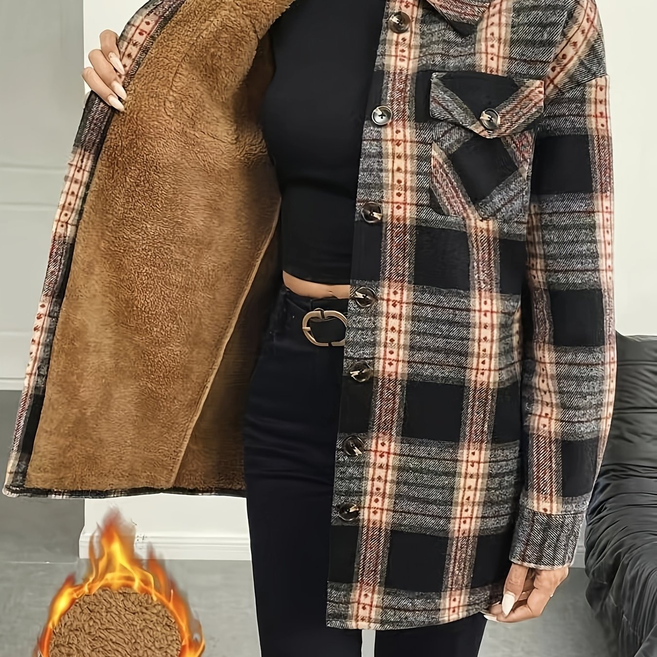 E-shop Damen Karo-Print Langarm Warmgefütterte Casual Hemdjacke mit Patch- Knopfleiste, Herbst/Winter Reversjacke