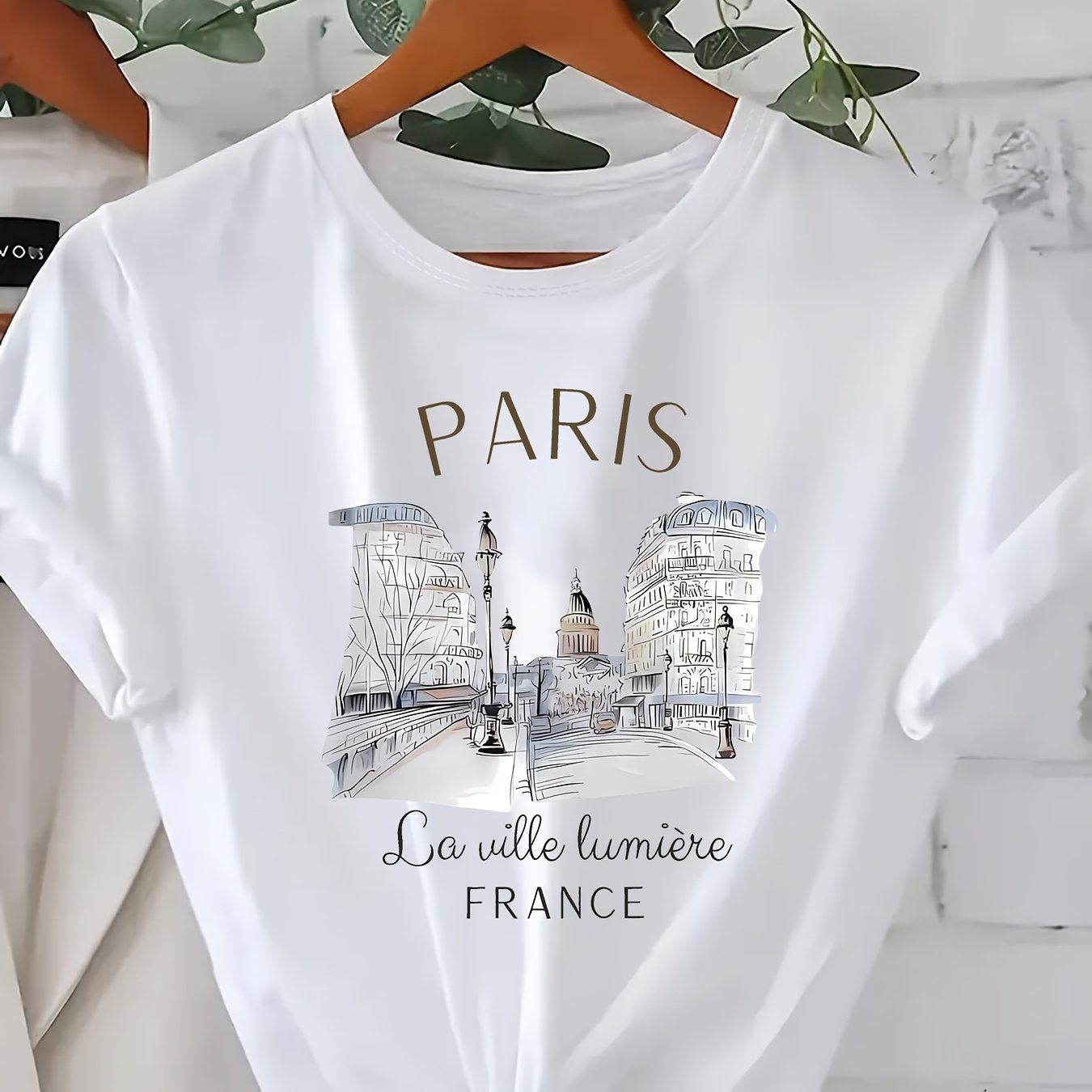 Image of Stylish Women's Paris Print T-shirt, Short-sleeved Round Neck Casual Top, Featuring Letter Design, Suitable For
