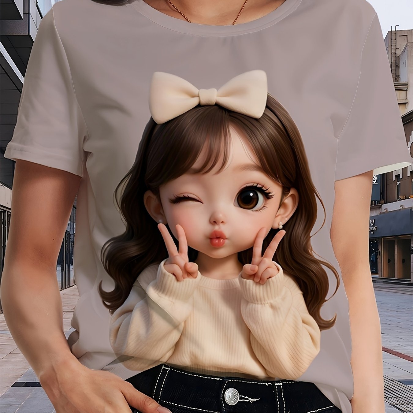 TEMU 프린트 디자인 - 무텍스처, 여성 캐주얼 티셔츠, 여성 패션 라운드넥 반팔, 귀여운 만화 캐릭터, 쉬운 착용감과 산뜻함, 실제 사이즈 캐주얼 티셔츠 상의, 세탁기 사용 가능한 프린트, 봄 여름 가을 캐주얼 웨어에 적합