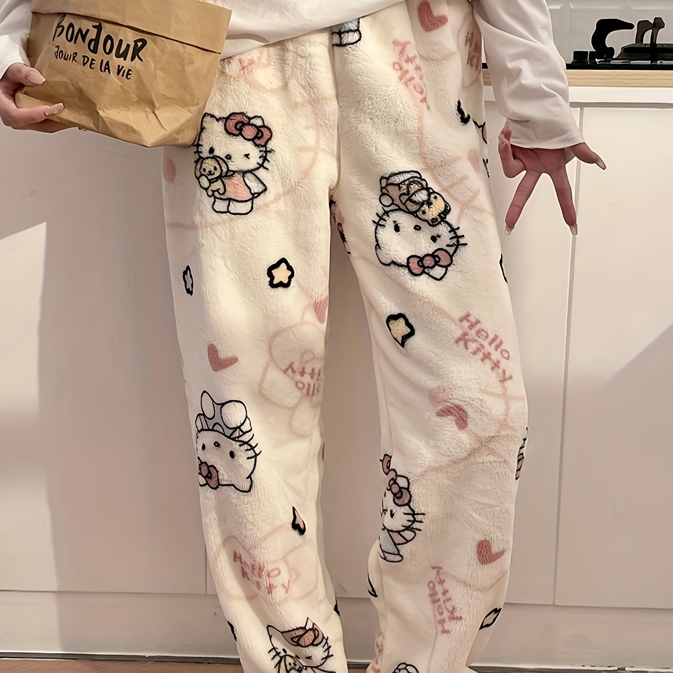 Image of Hello Kitty Autumn Winter Women's Trousers Velvet Style Home Trousers Coral Velvet Loose And Be Worn Outside Single Pants