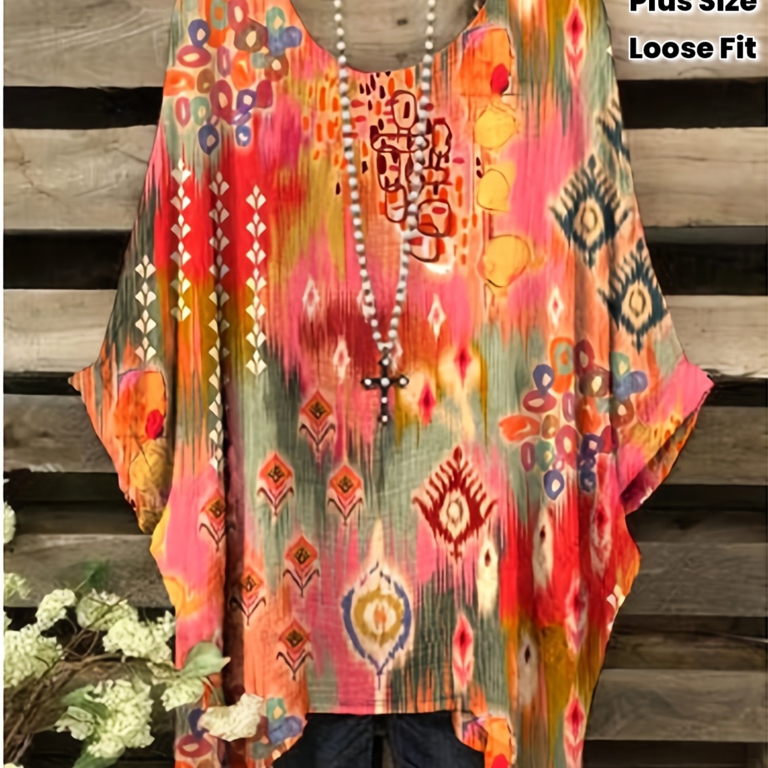 TEMU Plus Size, Plus Size Women's Elegant Casual Batwing Sleeve Top- Bright Prints, Asymmetrical Hem, Loose Fit, Machine Washable For Spring, Summer,