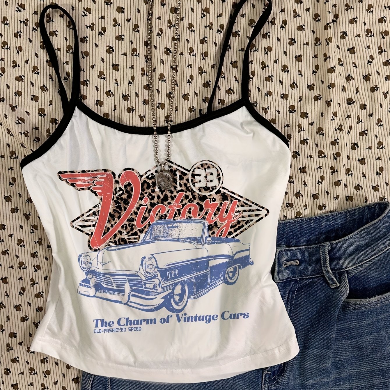 Vintage Car Print Sleeveless Camisole