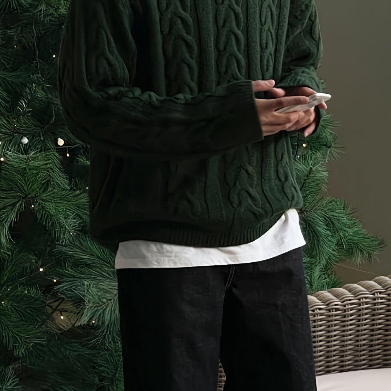 Fashionable Retro Christmas Green Lazy Style Twist Pullover Sweater Men's Autumn And Winter Warm Trendy Round Neck Knitwear