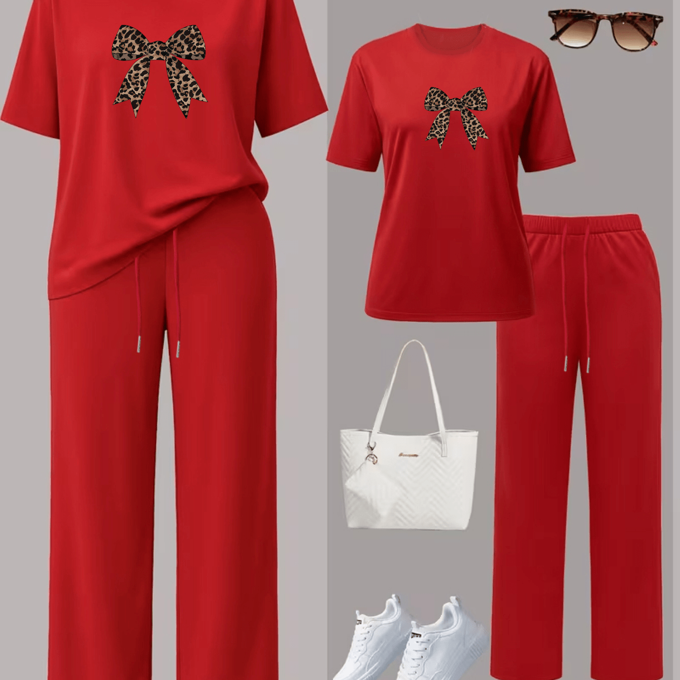TEMU A Women's Casual And Outfit For Spring And Summer, Featuring A Short-sleeve Round-neck T-shirt With A Bow Print And Solid Color Loose