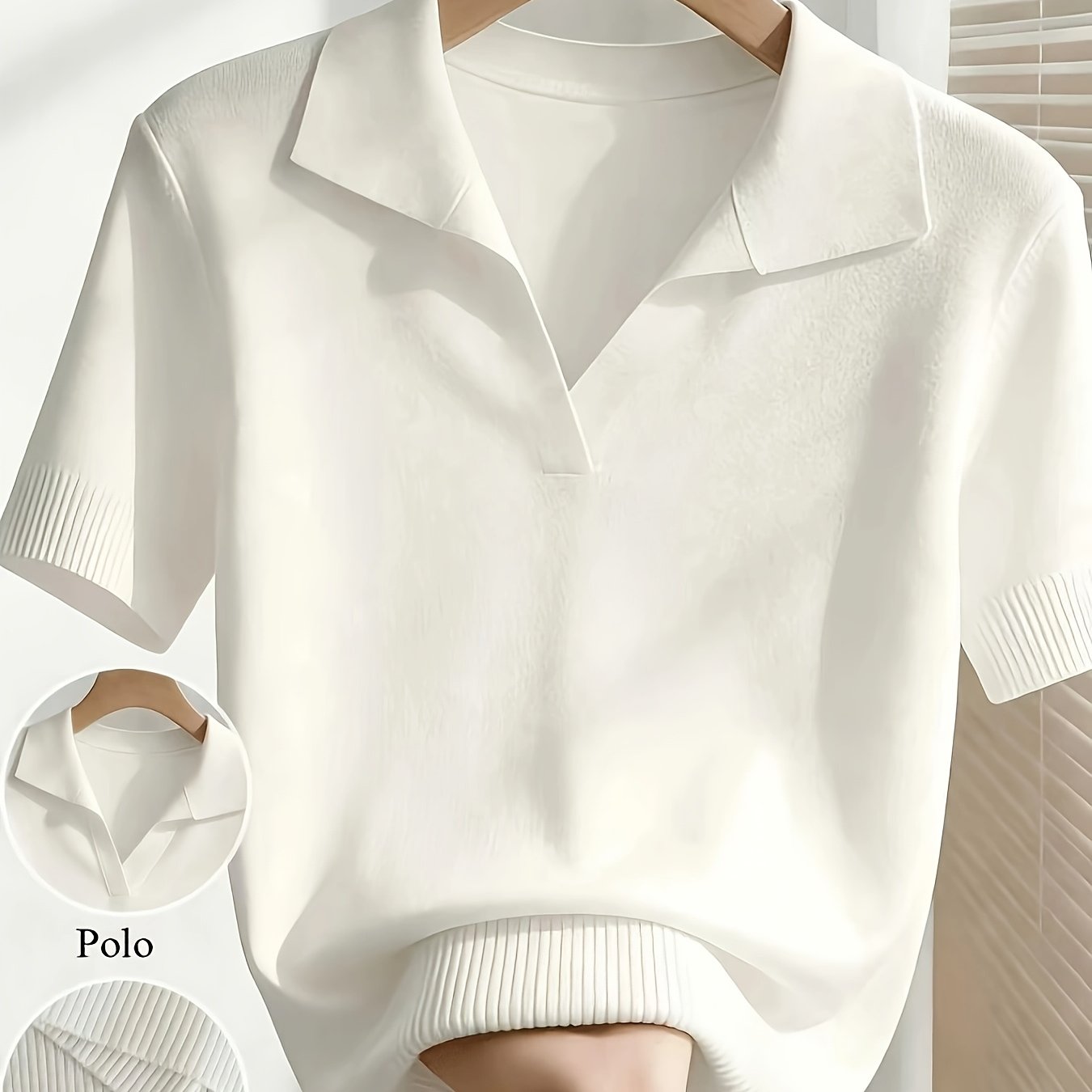 TEMU France Ladies Spring/summer White Easy Casual Lapel Short Sleeve Slim Top, Suitable For Daily Wear, , Spring Wear, Elegant And Fashionable