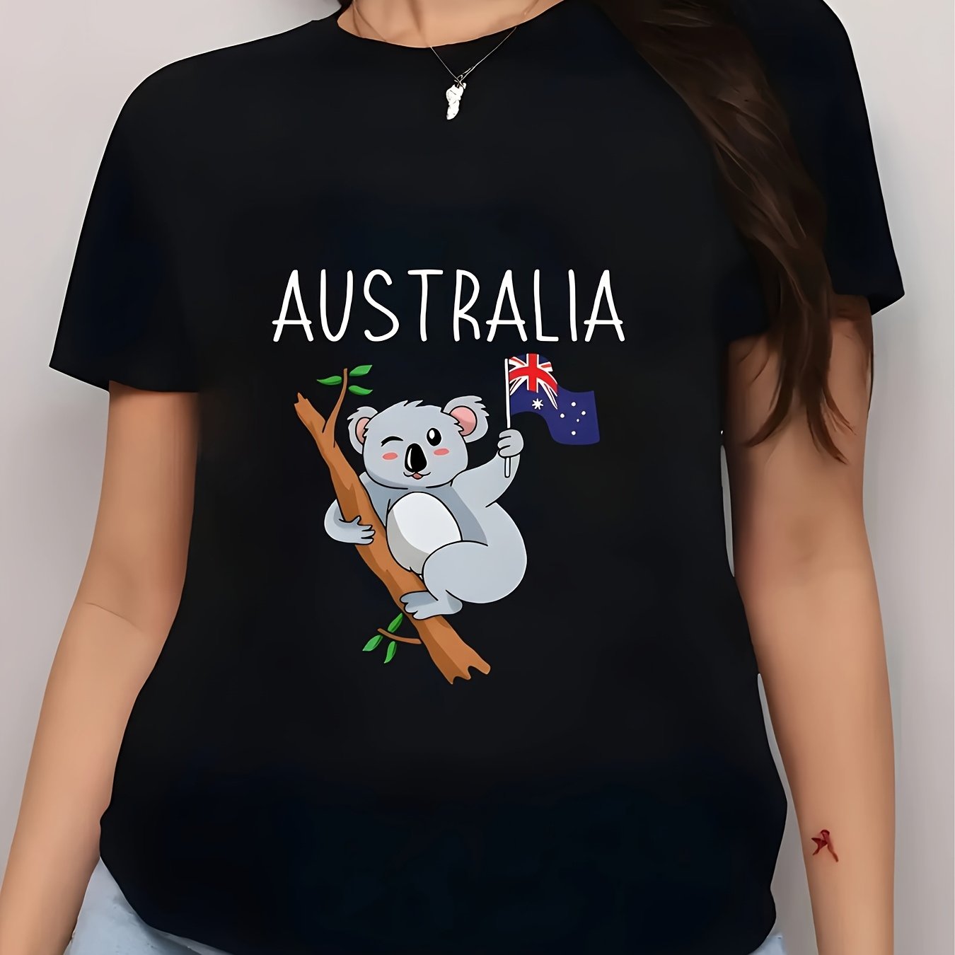 TEMU Women's & Unisex Retro Australian -shirt - Short Sleeve Round Neck Casual Top With Koala & Flag Print, Machine Washable Suitable For , Casual