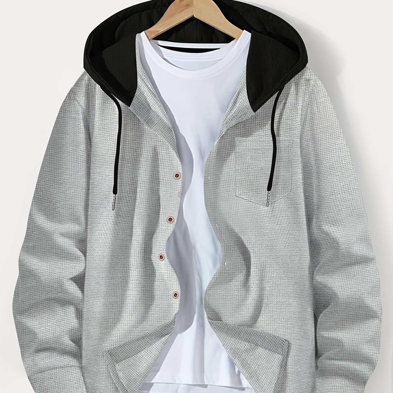 Men's Casual Hooded Jacket - Soft, Breathable Polyester With Button- & Pockets | Perfect For Spring, Fall & Outdoor Activities, Long Sleeve, Fashion, Daily, Leisure Style, Conventional Version