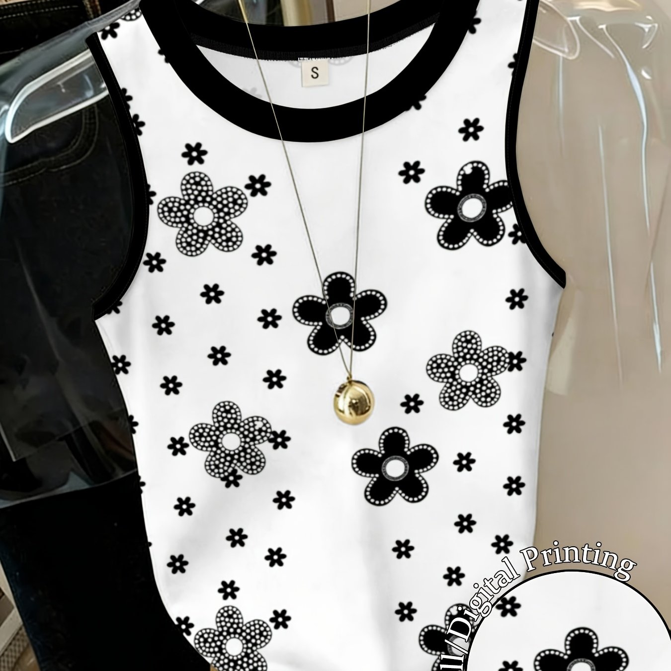 TEMU Black And White Flowers Print Sleeveless Top Female Summer New Fashionable All-match Slim-fit Printed Vest Fashionable Casual Daily Wear Simple