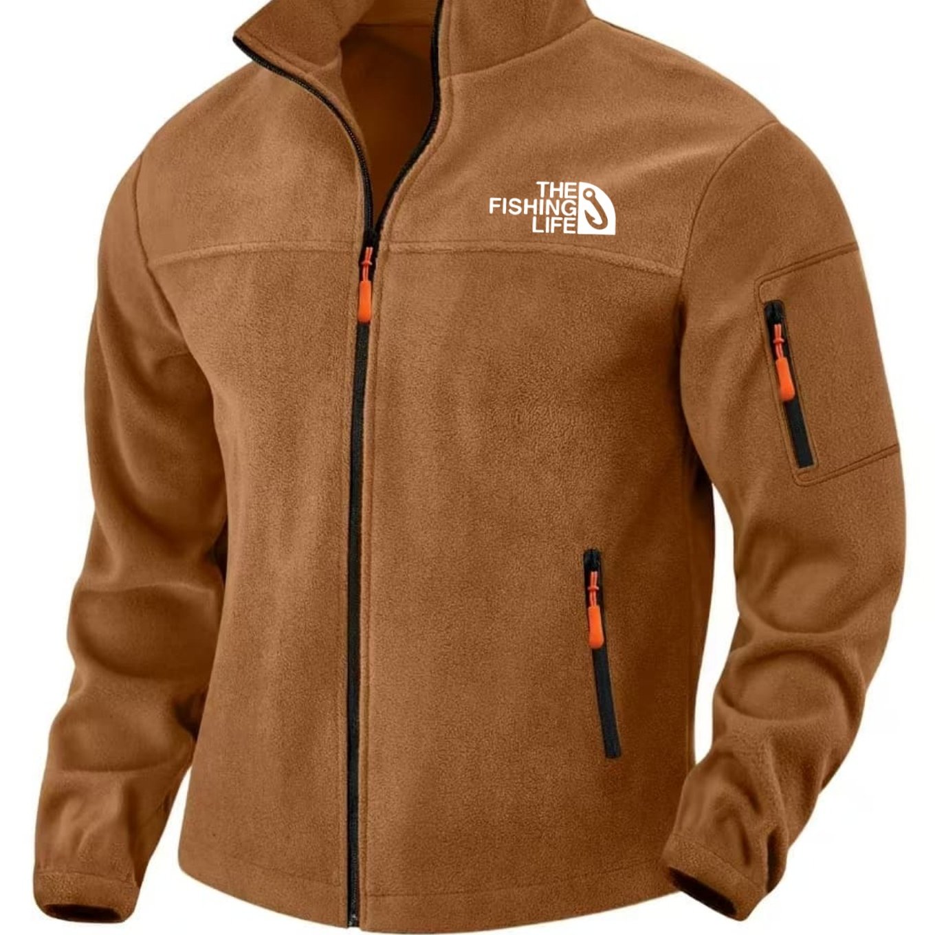 TEMU Men's Full-zip Jacket With Fishing-themed Print, Windproof And Cold-resistant Polar Fabric, Multiple Zippered Pockets For Storage,