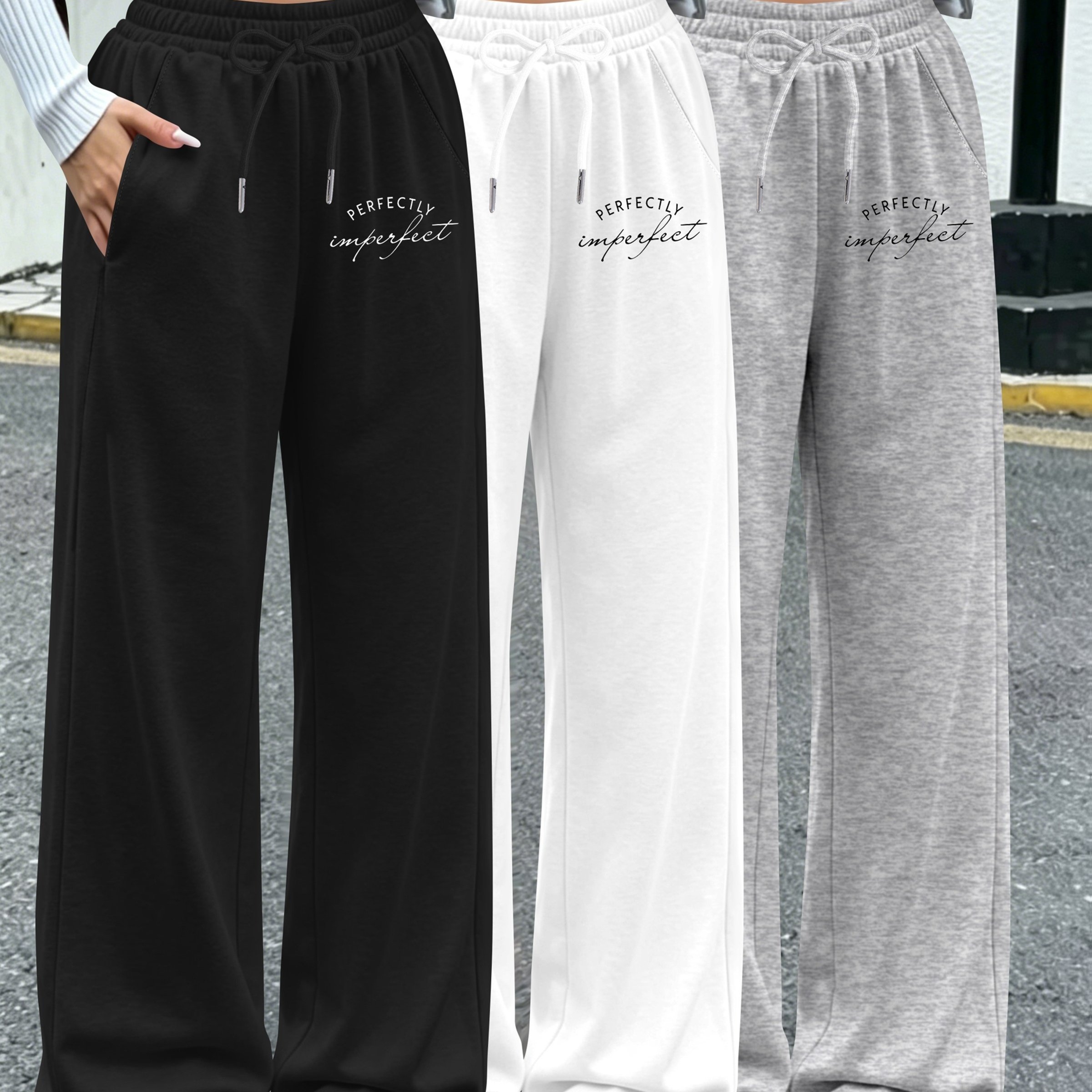 TEMU 3-pack Women's Pants, Elastic Waist Wide-leg Casual Trousers With Side Pockets. Suitable For Daily Wear & Semi-formal Occasions Printed Craft