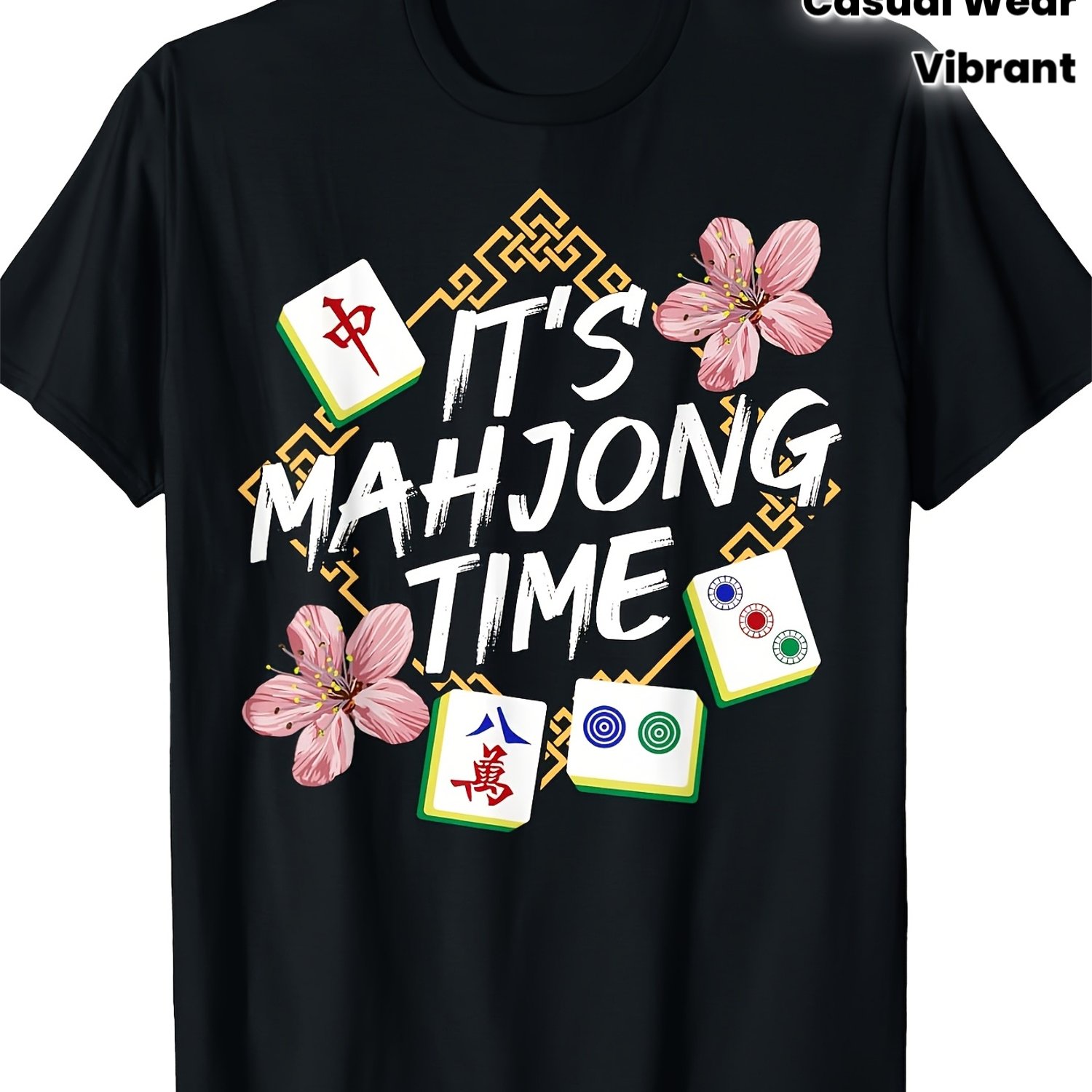 TEMU Vibrant Print Mahjong-themed 100% Cotton Printed T-shirt, Casual Crew Neck Short Sleeve T-shirt, Comfortable Cotton Fabric, Street Style ,