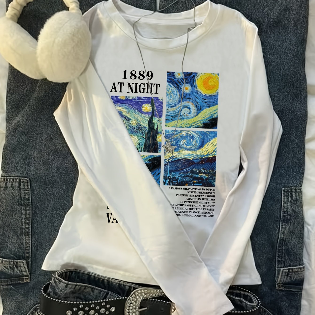 TEMU 2089 - A Stylish Long-sleeve Casual T-shirt For Women Featuring An Abstract Van Gogh Illustration With English Letters And 1889, Perfect For