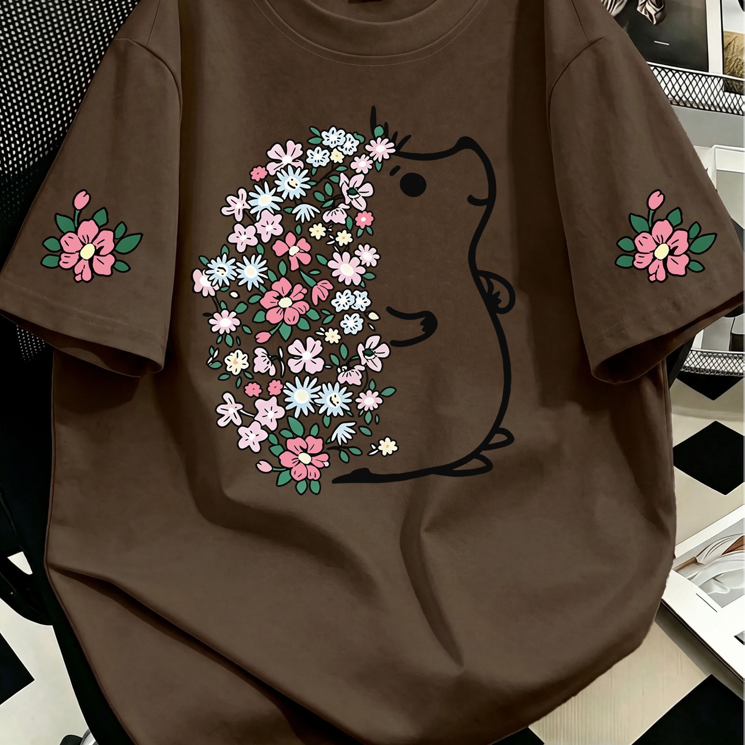 TEMU Plus Size Women's Casual Short Sleeve T-shirt - Cute Hedgehog And Colorful , Round Neck, Casual Comfortable, Suitable For , Beach, Holiday,