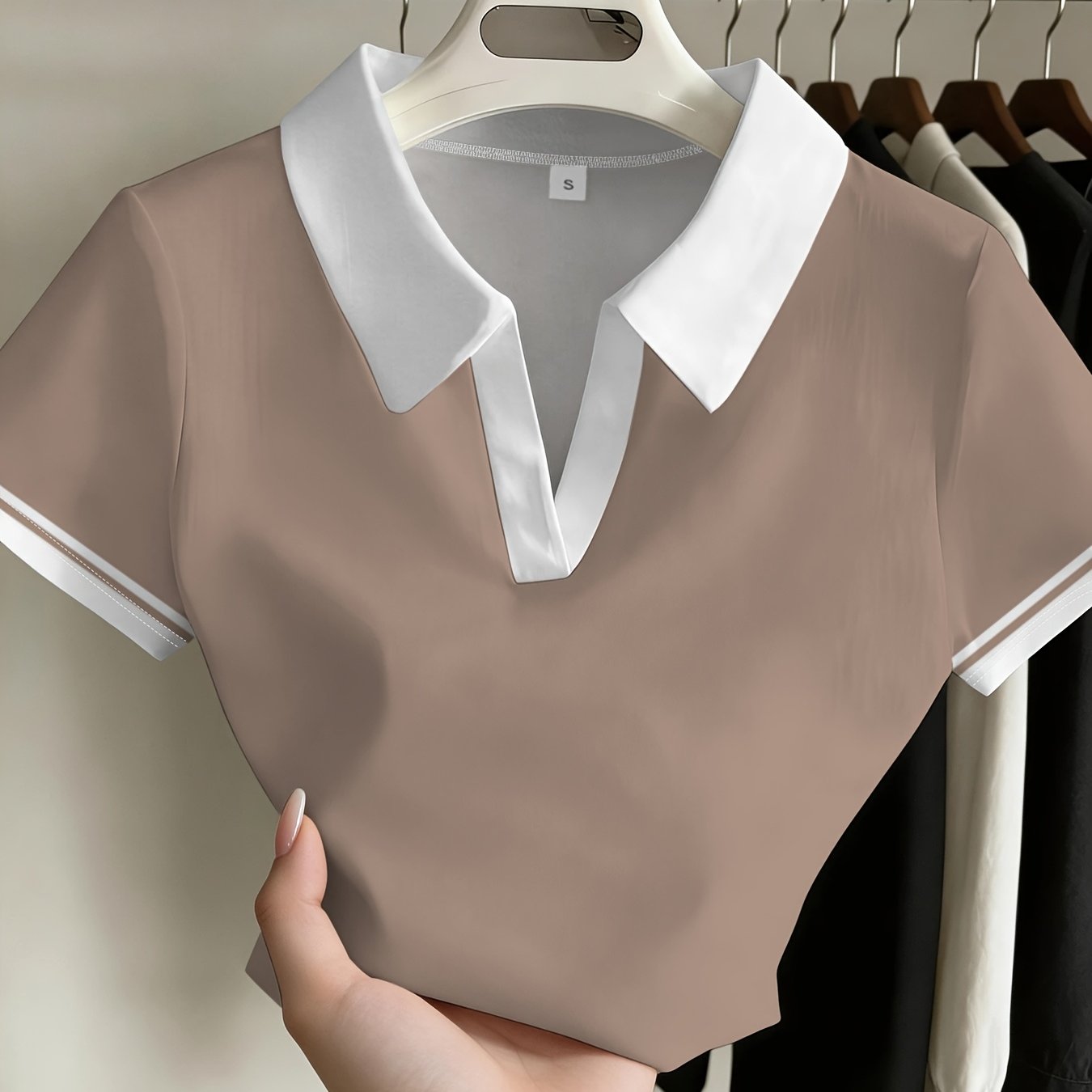 TEMU Fashion Simple Women's Short-sleeved Coat With Overturned Collar Top All-matching Thin And Breathable Comfortable Daily Essential Item