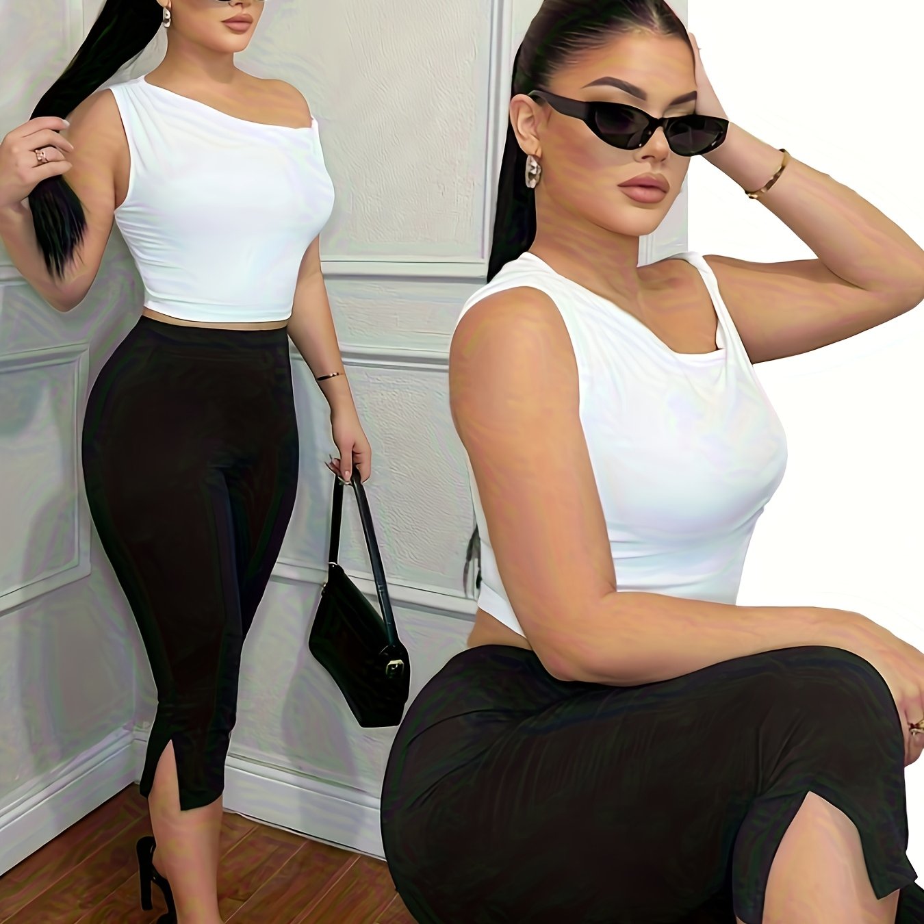 TEMU Women' Color Elastic Waist Casual Split -point Pants Leggings, Spring And Summer New Women's Shorts, Suitable For Casual
