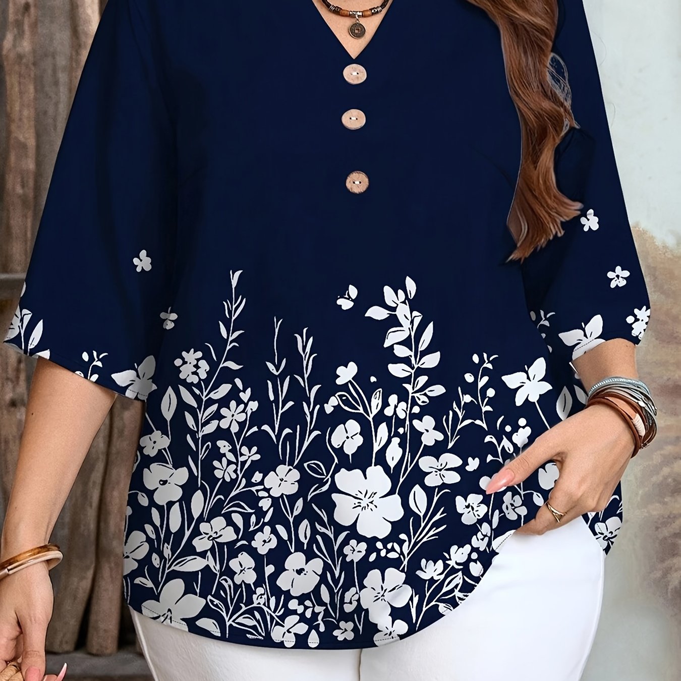 TEMU Women's Casual Fashion Positioning Printed Shirt Versatile Blue V-neck Top