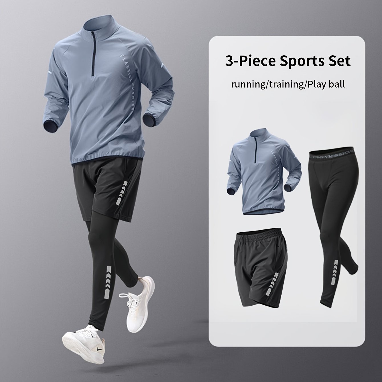 TEMU 3-piece Men's Quick-dry Sportswear Set, Including New Henley T-shirt Long Sleeve Top, Drawstring Shorts, And High-elasticity Leggings -