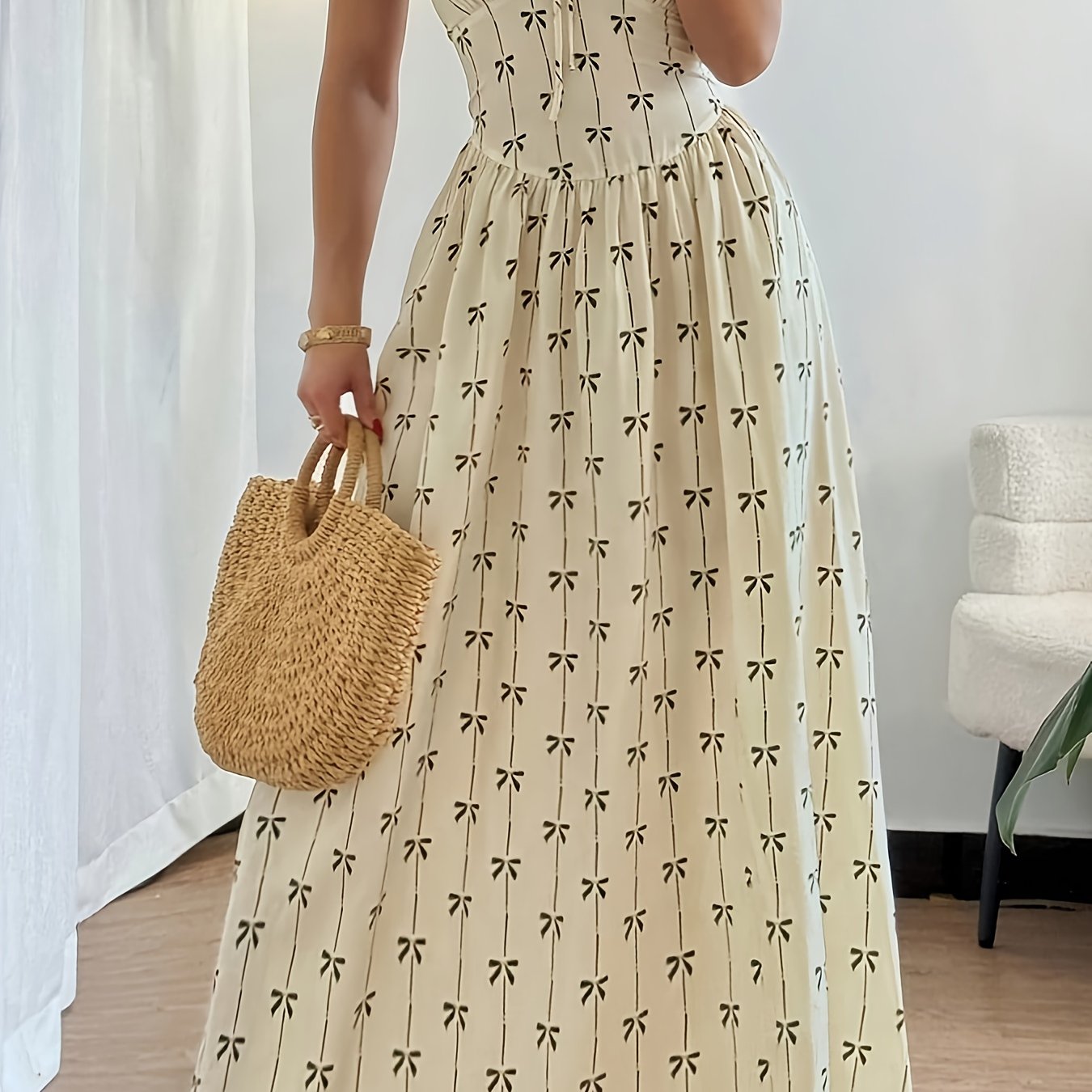 TEMU Women's Elegant Floral Maxi Dress - Flowy A-line Formal & Casual Outfit, Floral Print, V-neck Long Dress For Parties, Office