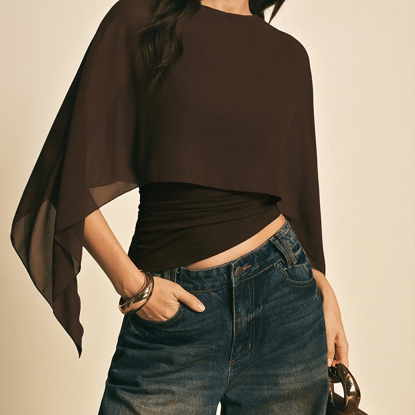 TEMU A Solid Color Shawl Collar Casual Top For Women, An Elegant Blouse, Suitable For Everyday Wear, , And Commuting, Featuring Batwing Sleeves For