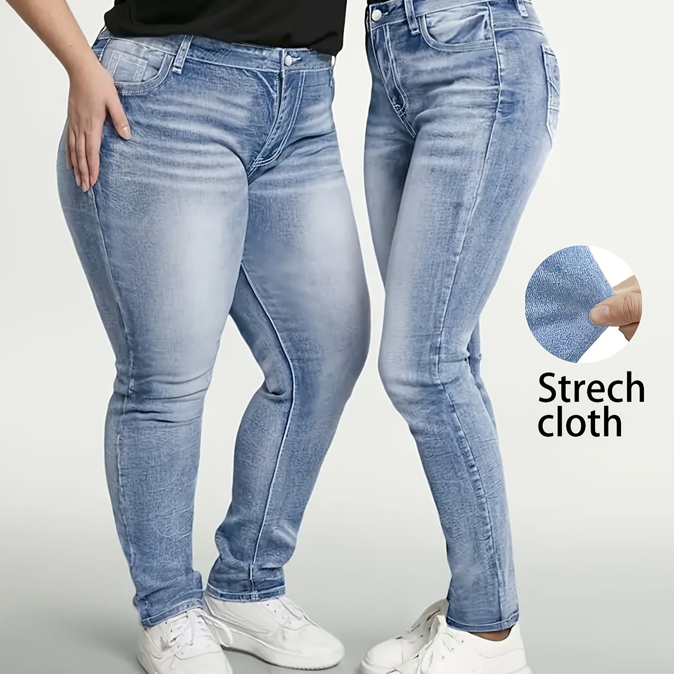 Image of Plus Size Black Flap Back Pocket Jeans, Trousers, Leggings, Skinny Pants, High Waist, Medium Stretch, Vintage, Elegant, Casual, Comfortable, Women's Plus Size Jeans