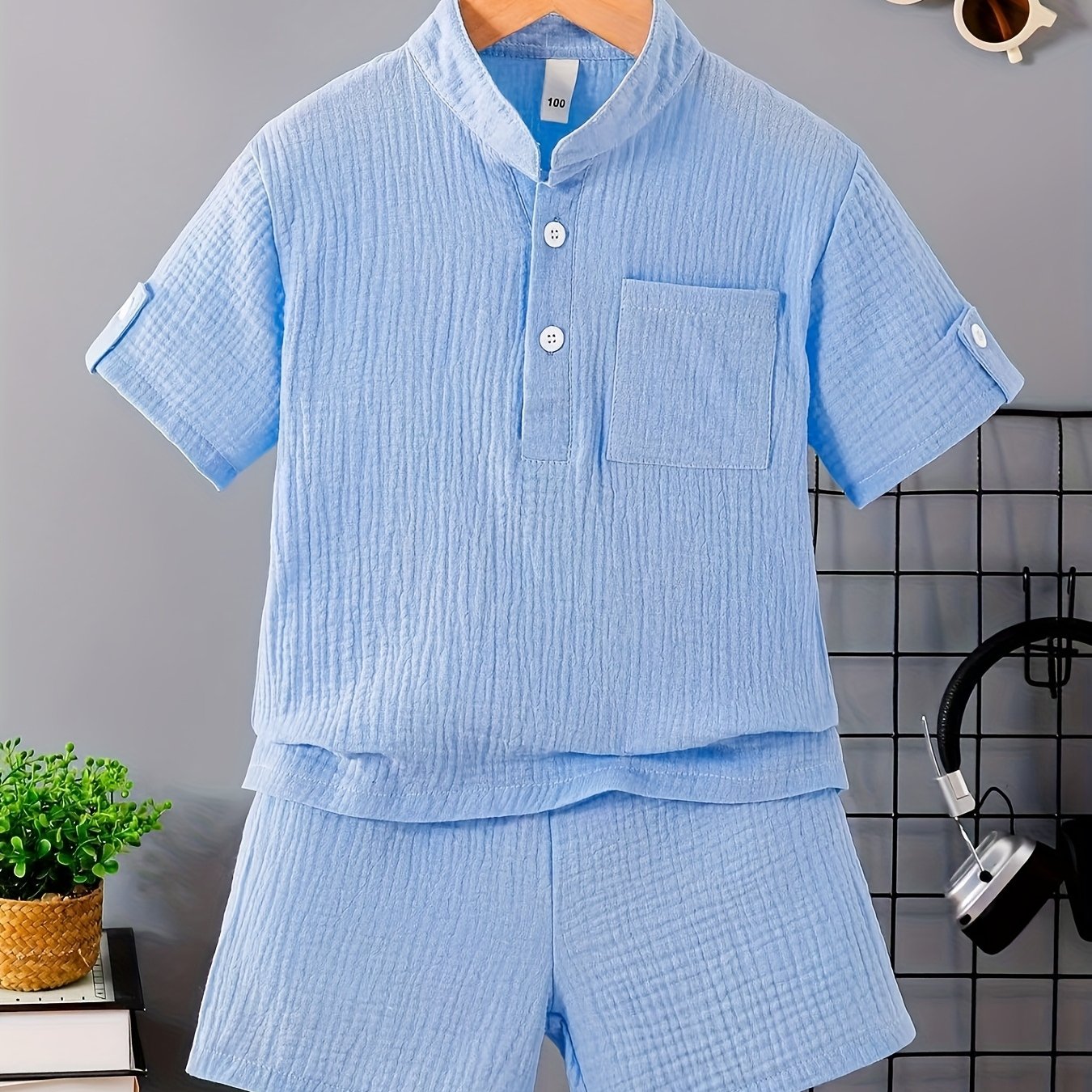 Image of Boys' Summer New Outfit Button-up Style Soft Comfortable Half-open Short Sleeve Fresh Solid Comfortable Outdoor Versatile Shorts 2pcs Set, For Outdoor Daily Essentials, Stand Collar, Button Closure