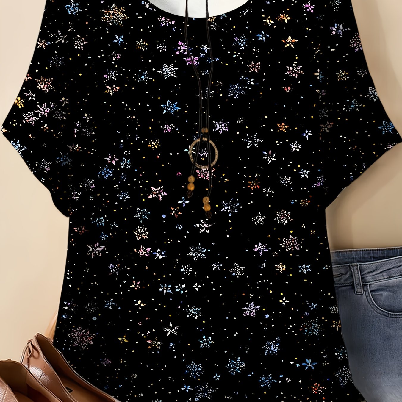 TEMU Women's Plus Size Round Neck T-shirt, Black Background With Colorful Star Prints, Casual Top