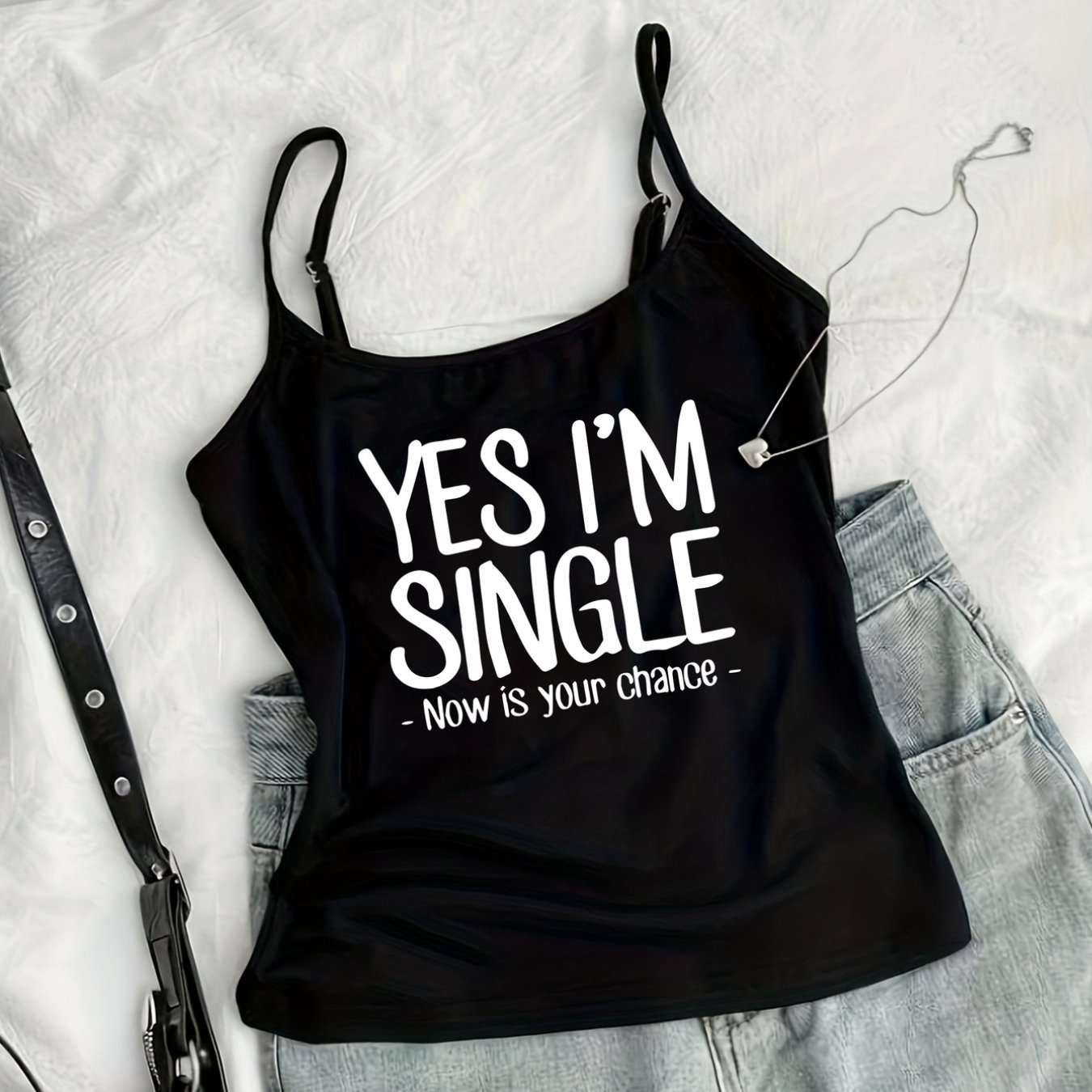 TEMU Y2kyes I'm Single, Single Printed Sexy Adjustable Thin Strap Crop Top, Women's Summer New Sleeveless Top, Suitable For Wear Or Party Attire