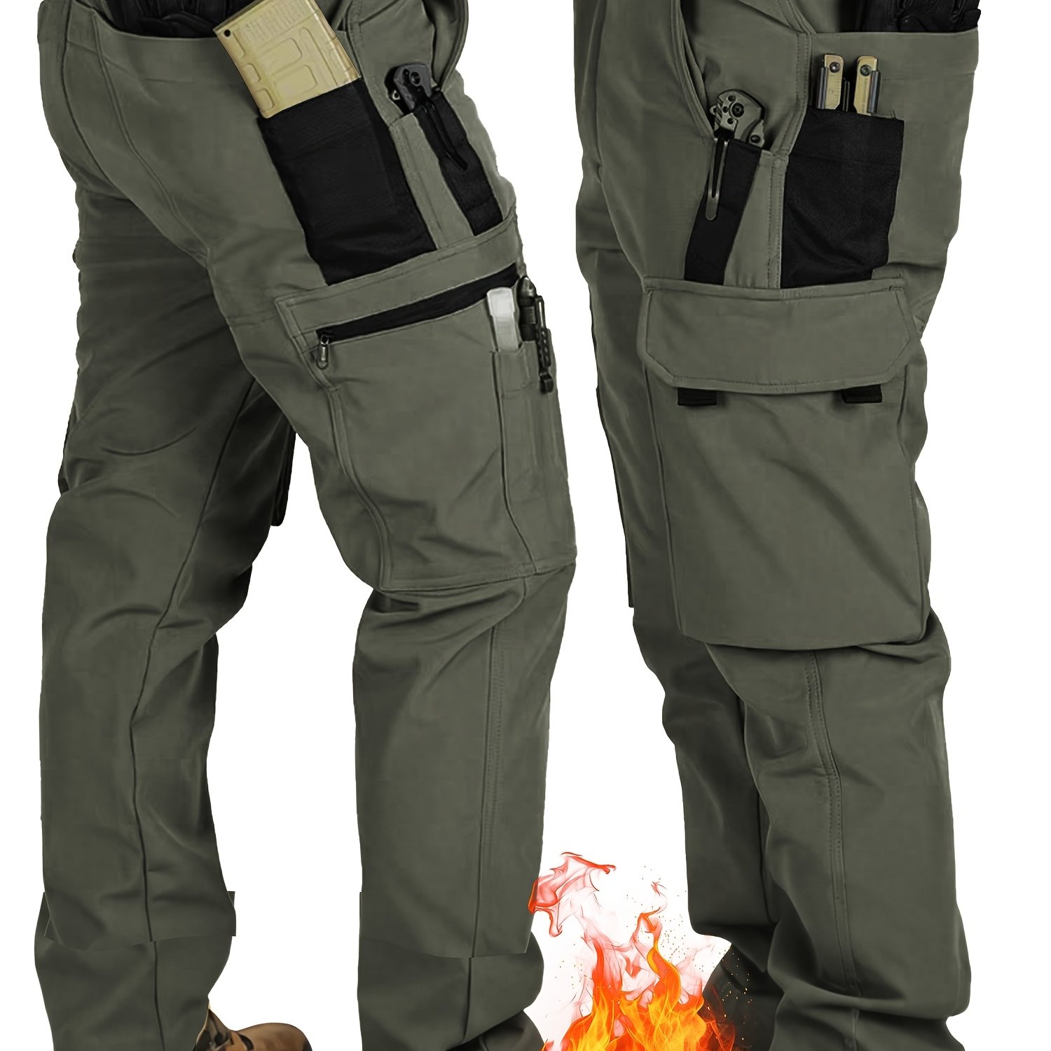 TEMU Men's Heavy-duty Tactical Winter Pants - Thickened Insulated Work Pants With Multi , Compatible For Hiking, Hunting, Construction Outdoor Pants,