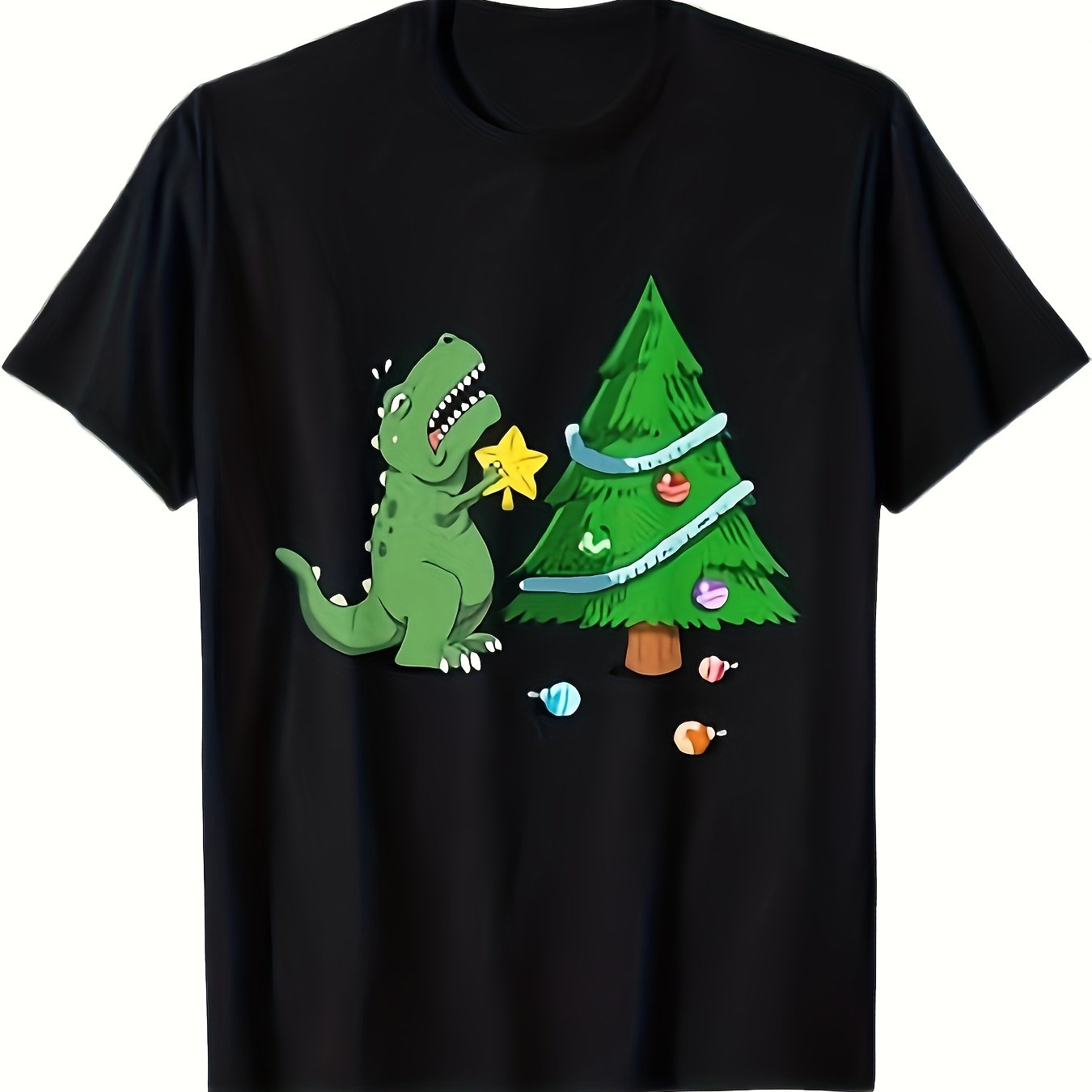 TEMU Funny Dinosaur Christmas T-shirt With & Dino, & - Sm Relaxed Fit Short Sleeve Shirt For Xmas, Halloween, Thanksgiving Gifts (black) - Casual