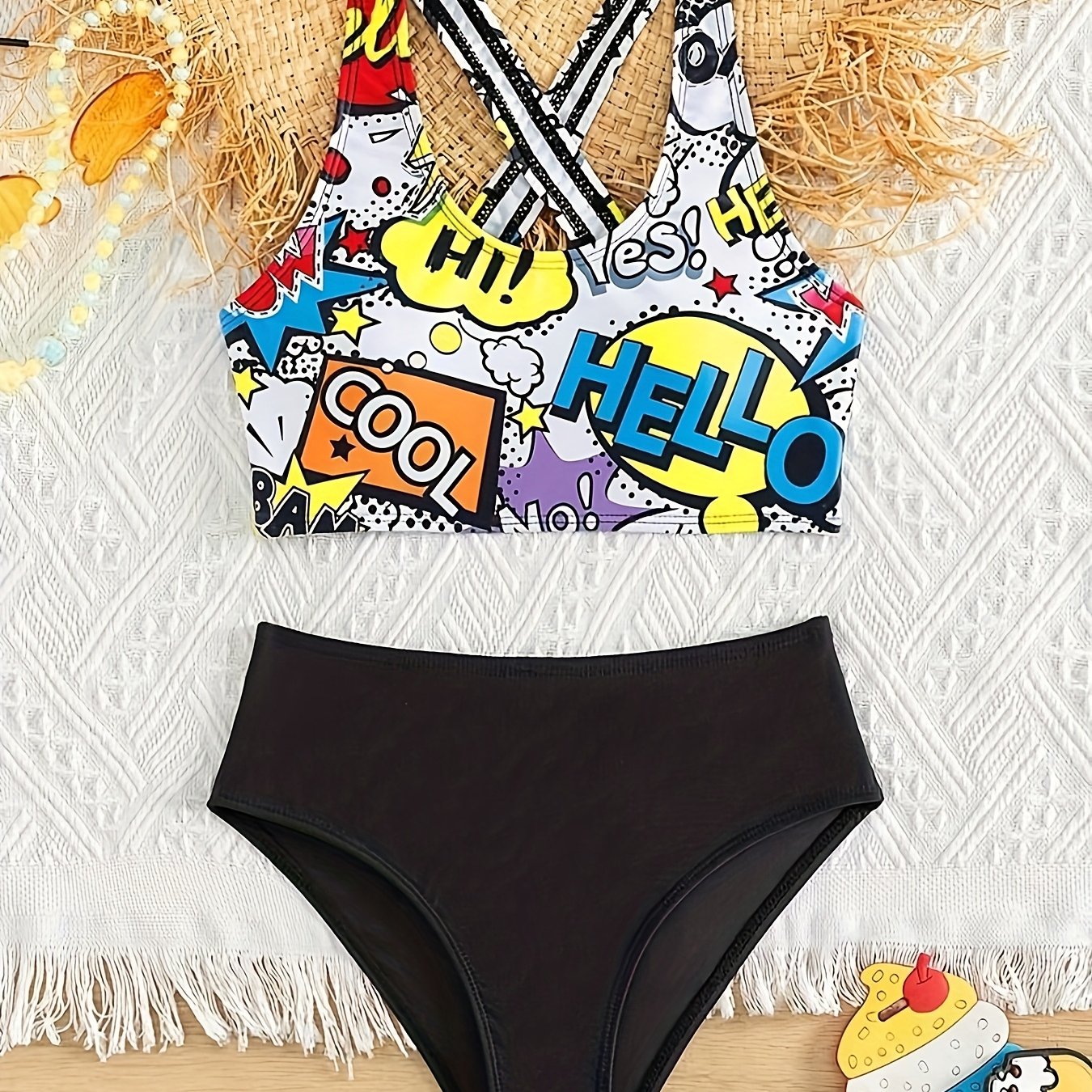 TEMU ' 2pcss Set Student Cute Preppy Style Graffiti Colorful Travel Vacation Swimwear 2pcss Set