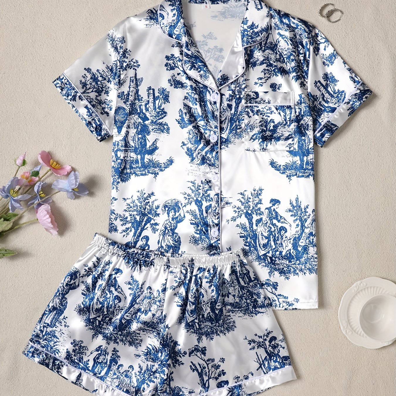 TEMU Cardigan Collar Elegant Vintage Floral Print Short Sleeve Shorts Women's Pajama Set