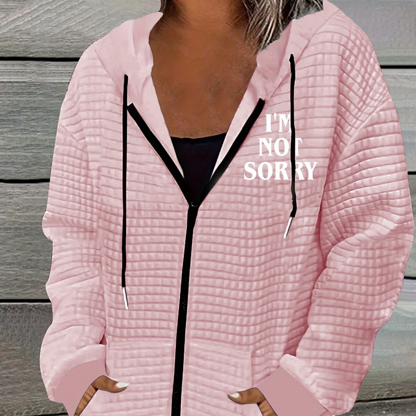 TEMU Women's Casual Geometric Pattern Polyester Hooded Zip Up Jacket With Drawstring, 100% Polyester Knit Fabric, Stretch, , Machine Washable