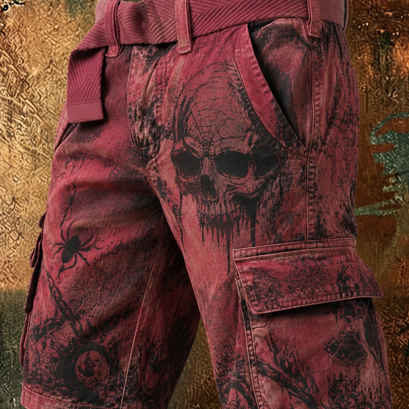 Image of Men's Summer Skull Print Denim Shorts Red Distressed Design, Lightweight Durable For Casual Wear, Perfect For Outdoor, Cafe, Or Street Style Outfits