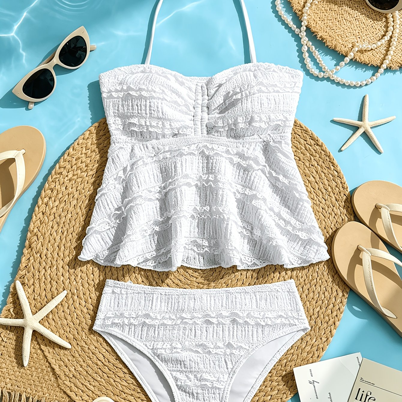 Image of Teen And Tween Girls Tankini, Solid Color Jacquard Fabric Kids Girl 2pcs Bathing Suit For 8-16 Years Old Big Girl Swimwear Summer Beach Outfits Swimming Pool