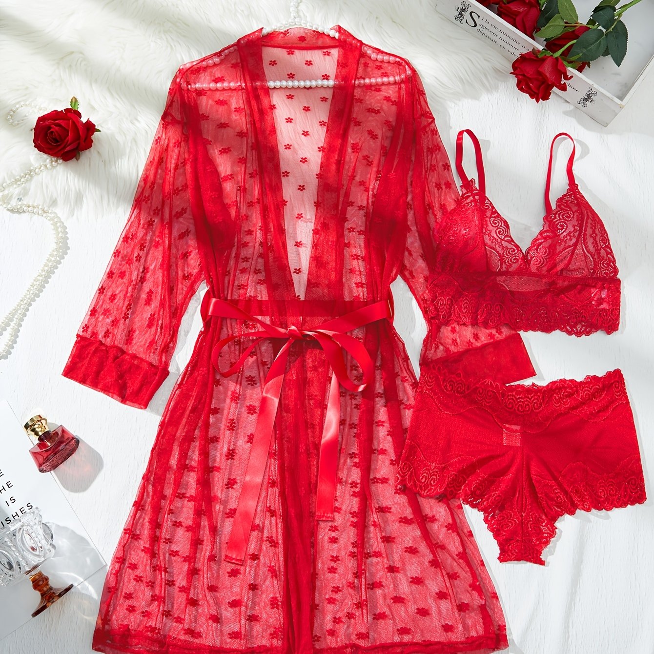 E-shop 3-teiliges Damen Spitzen-Set, sexy Spitzen-BH und Slip mit kontrastierenden Spitzeinsätzen, langes Nachthemd + BH + Unterwäsche mit