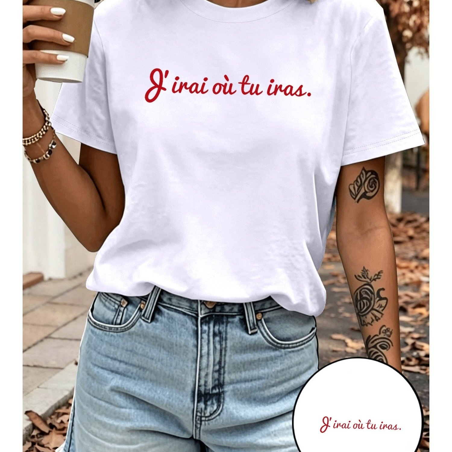 TEMU T-shirt blanc décontracté pour femme avec imprimé rouge "Je vais où tu vas", haut à manches courtes disponible en plusieurs tailles, idéal pour