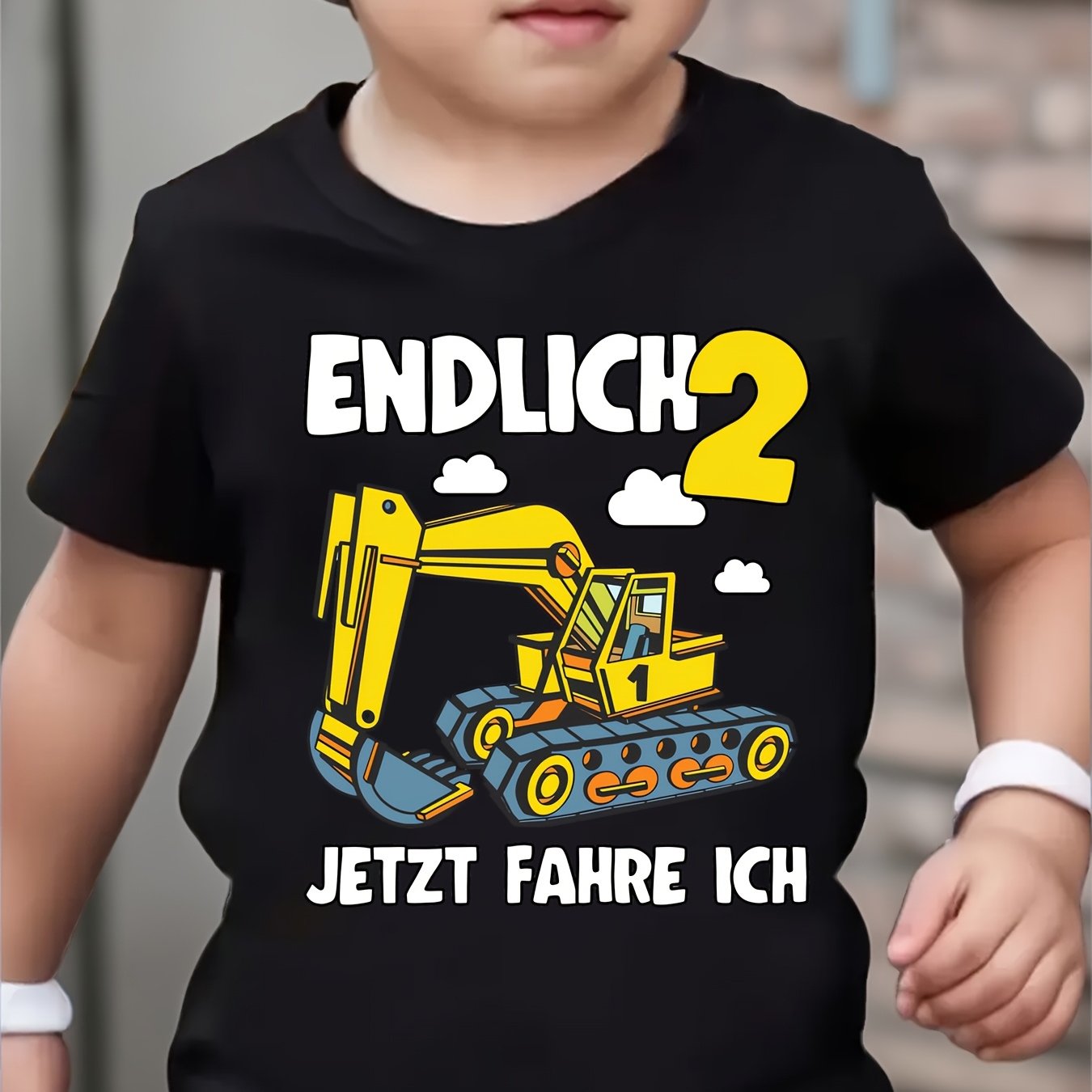 Image of " 2 Jetzt Fahre Ich" Cool Excavator Cloud Birthday Slogan Graphic Print Boys T-shirt 2 Year Old Children's Birthday Party Gift