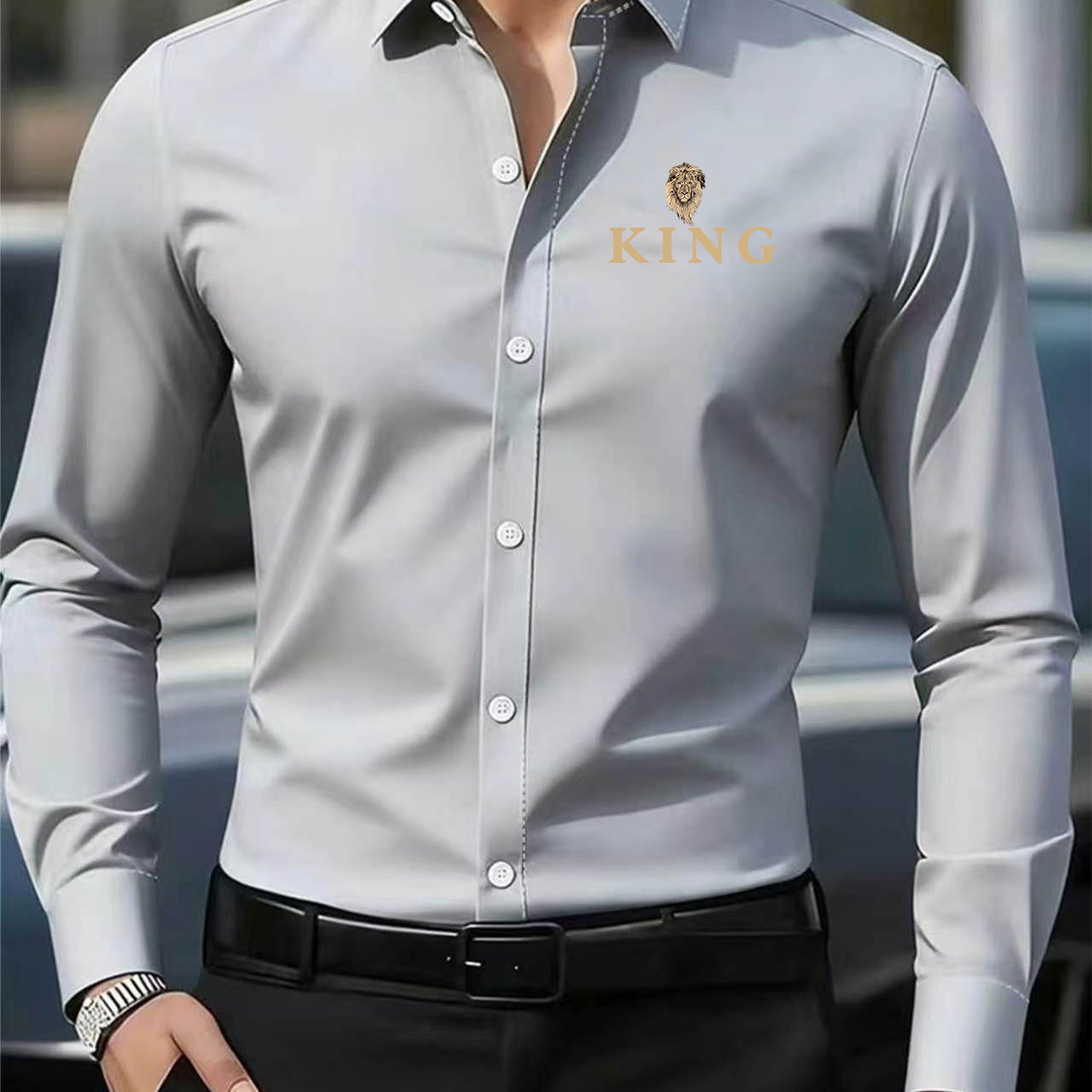 TEMU Light Luxury King Letter Print Multicolor Shirt, Men's Business Casual Long Sleeve Dress Shirt