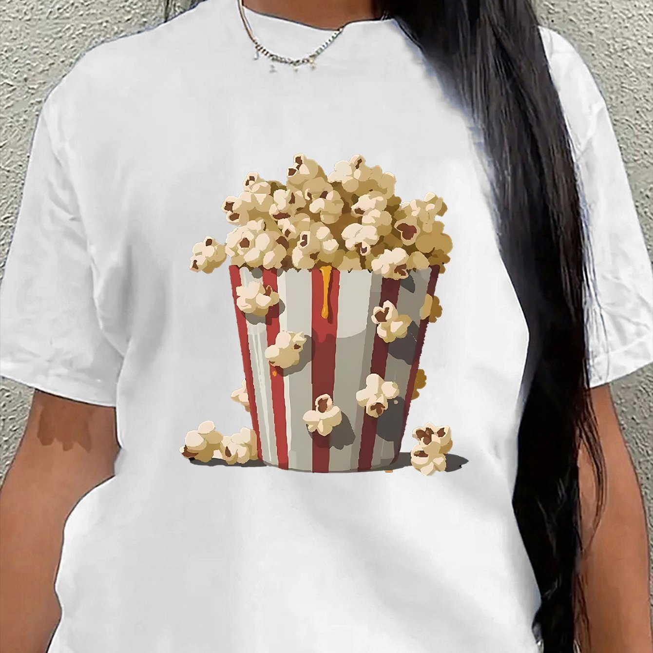 TEMU Graphic T-shirt Featuring A Popcorn Bucket, Made Of With Short Sleeves, Ideal For Casual . Lightweight And Durable, Suitable For For Home And