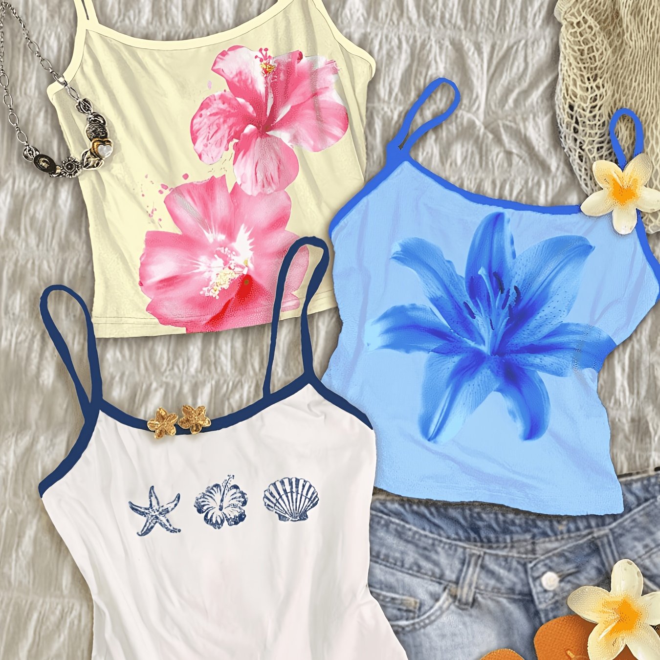 TEMU 3pcs Set: Casual Vacation-style Cream-yellow Flower, Flower, Blue Starfish, And Seashell Beach Print Women's Camisole. Sexy Thin-strap Tank Top,