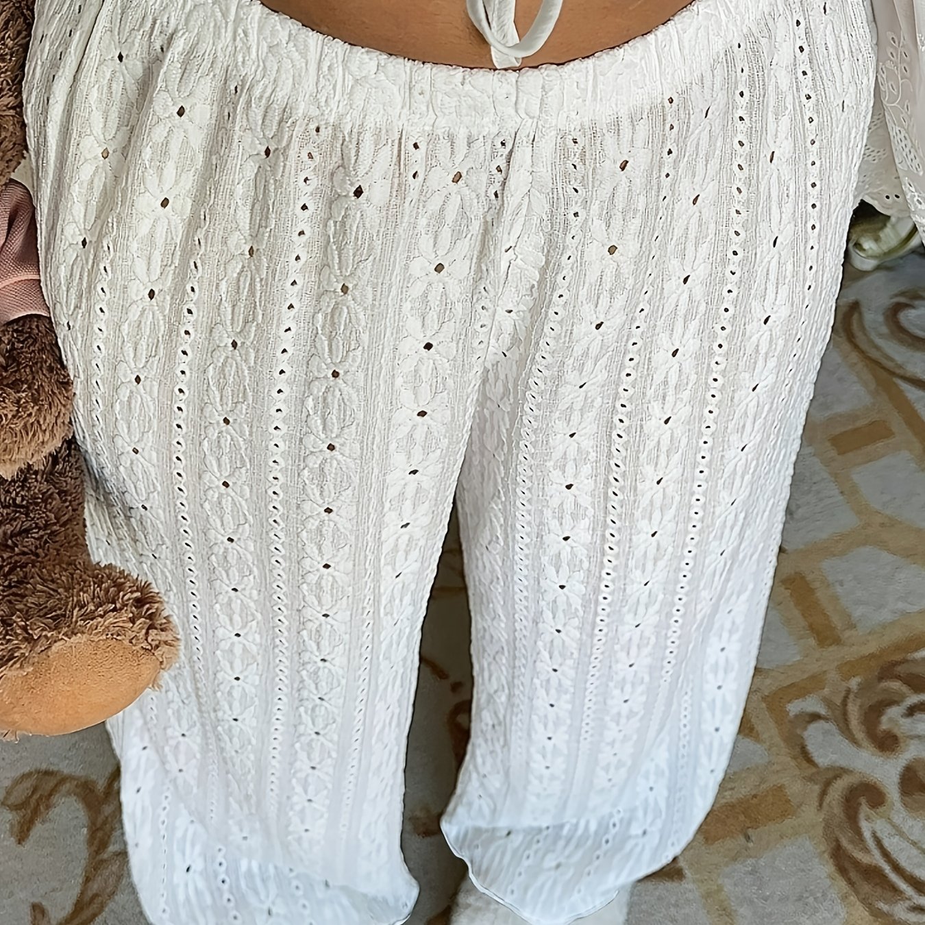 Plus-size Solid Color Textured Jacquard Simple Elegant Casual Lounge Pants