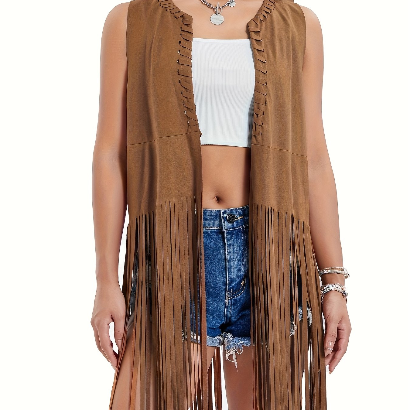 E-shop Damen-Mode-Schal-Weste im europäischen amerikanischen Stil mit Kunstfransen, ärmellose, mittellange Westenjacke für Damen