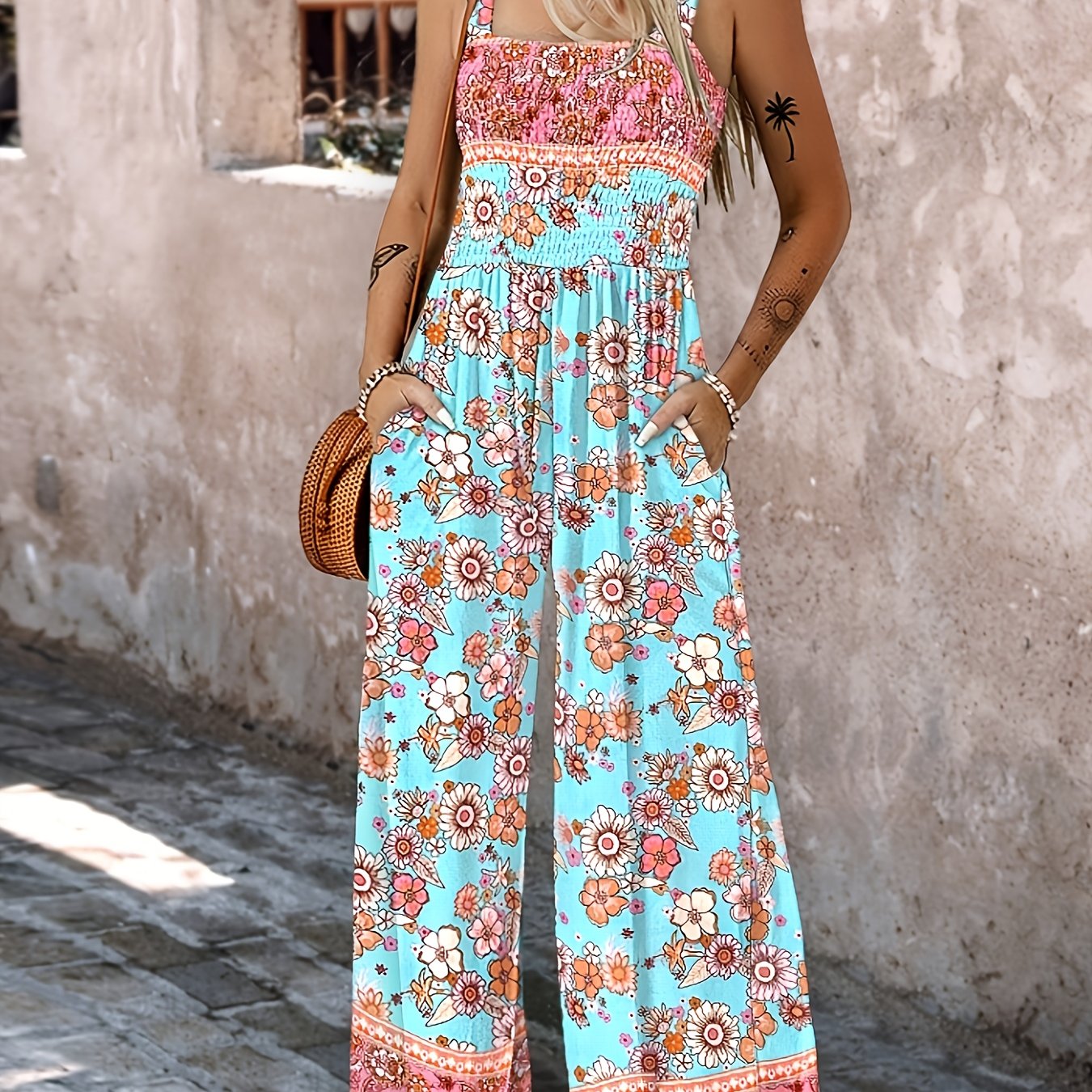 Printed Suspender Jumpsuit With Patch Pockets