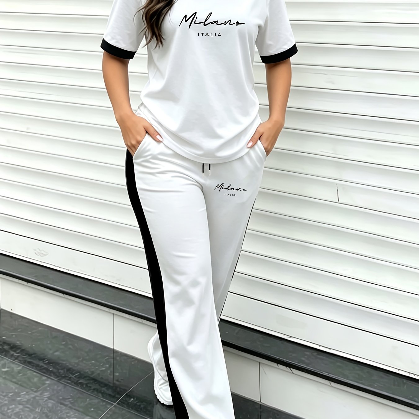 TEMU Stampa, Design Color-block Set Donna, Top a Maniche Corte e Pantaloni per ed Estate, Completo Casual Y 2 Pezzi per Pendolari Quotidiani,