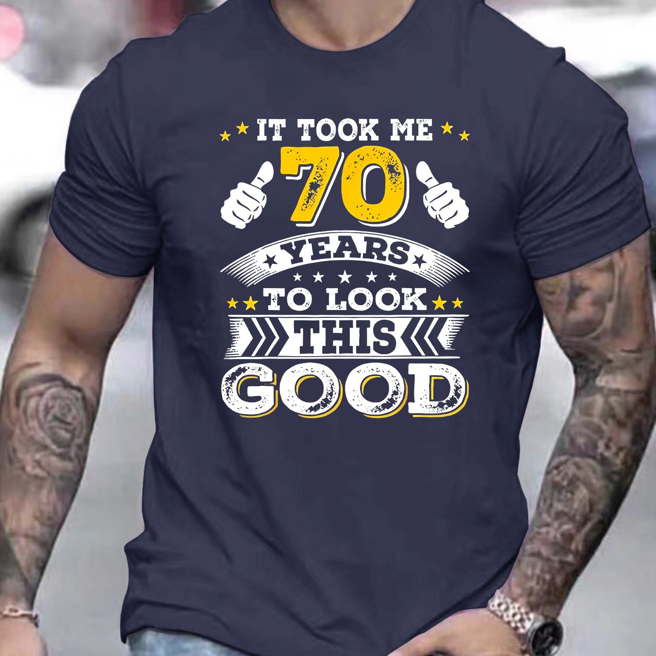 TEMU Men's 70th T-shirt - Funny Gift With Thumbs Up & Age Number Print - Casual Round Neck Short Sleeve Tee For Milestone Celebrations ( Men's